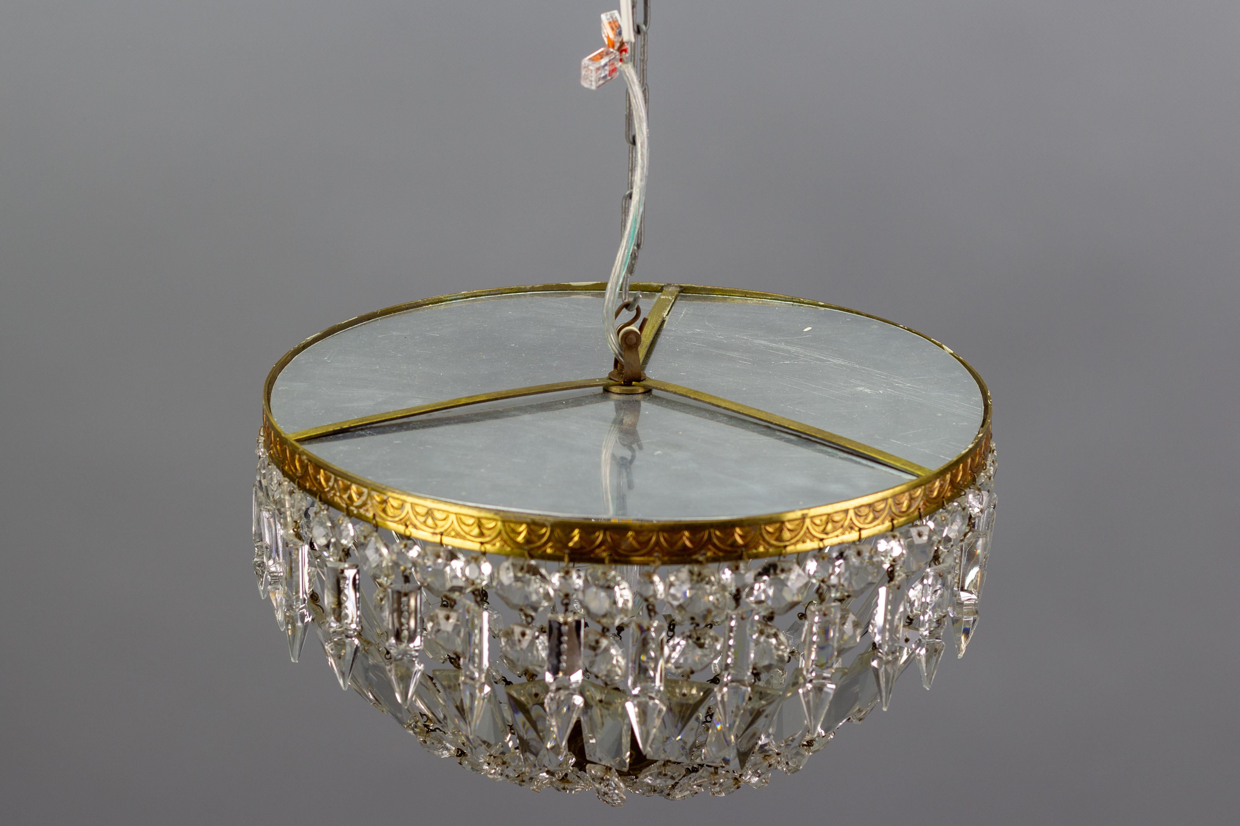 French Art Deco Style Crystal Glass and Brass Basket Flush Mount Ceiling Fixture 9