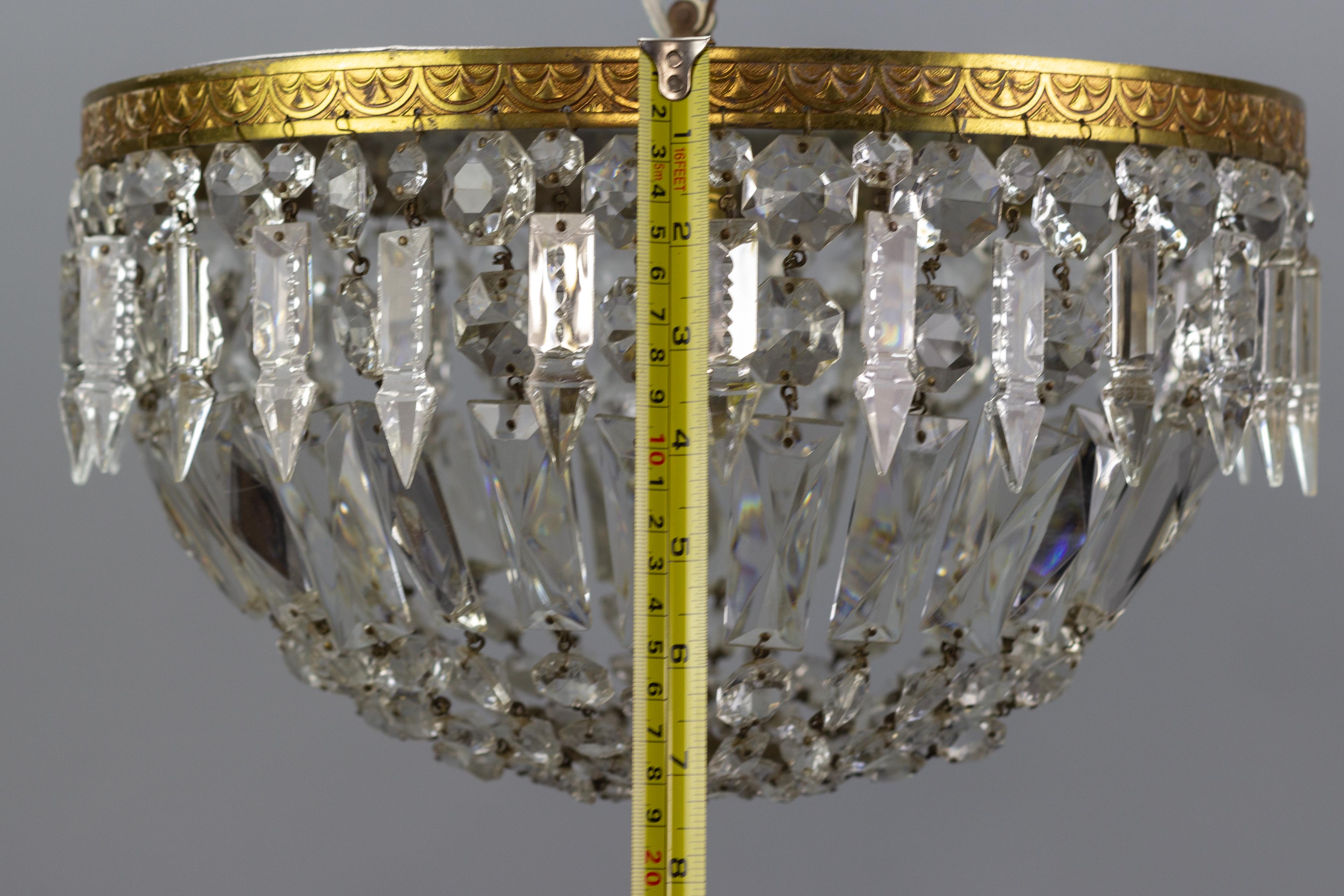French Art Deco Style Crystal Glass and Brass Basket Flush Mount Ceiling Fixture 11