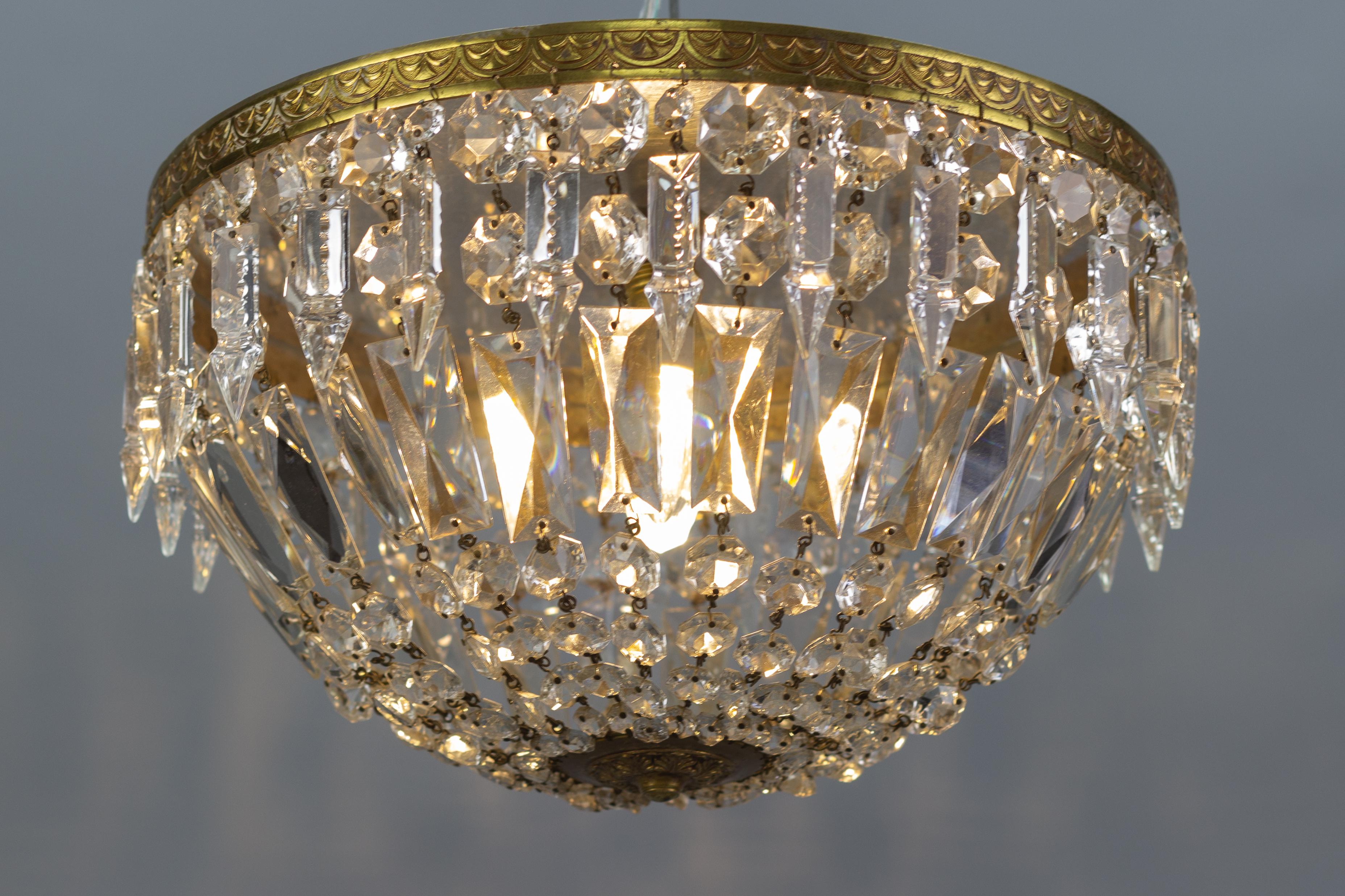 French Art Deco Style Crystal Glass and Brass Basket Flush Mount Ceiling Fixture 12