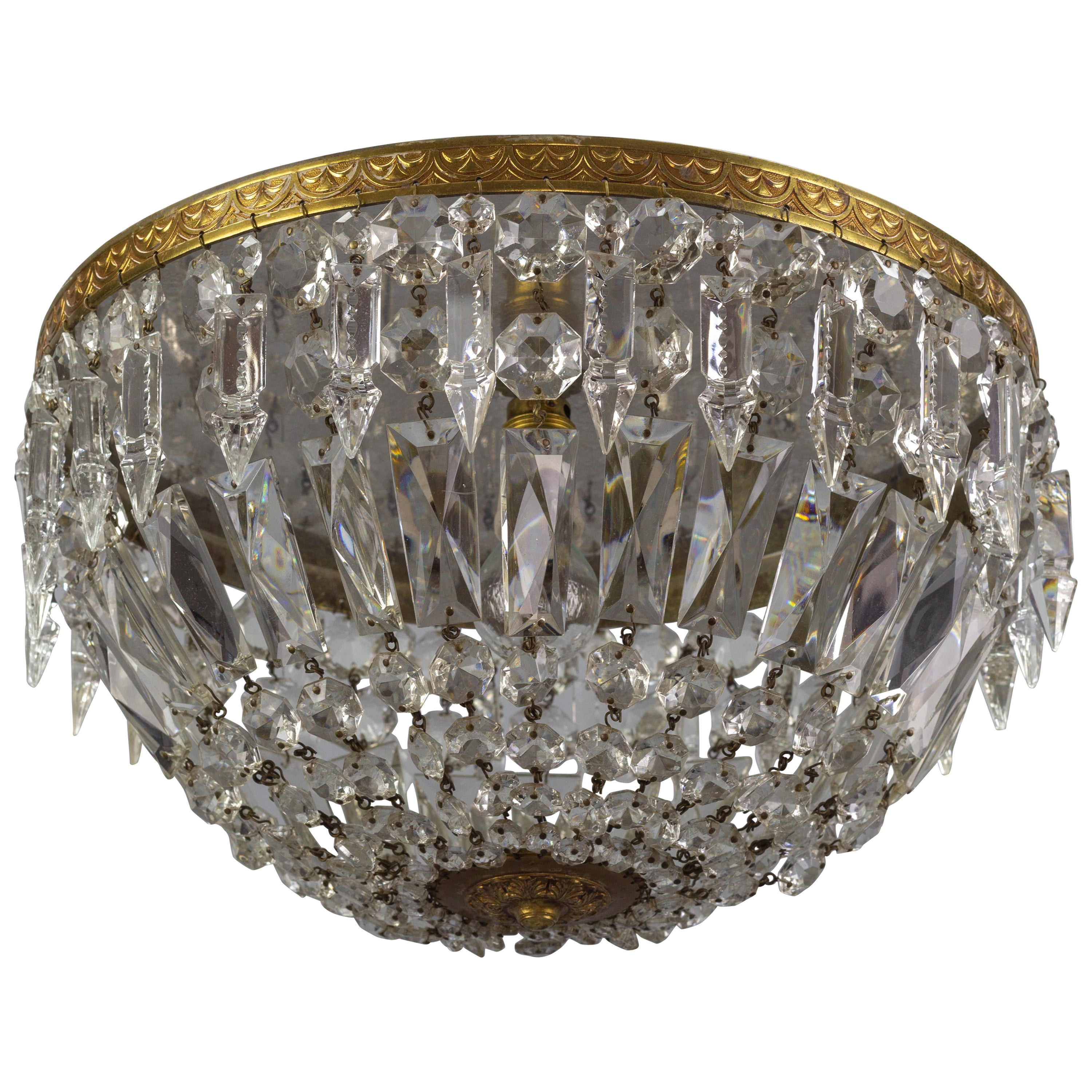 French Art Deco Style Crystal Glass and Brass Basket Flush Mount Ceiling Fixture