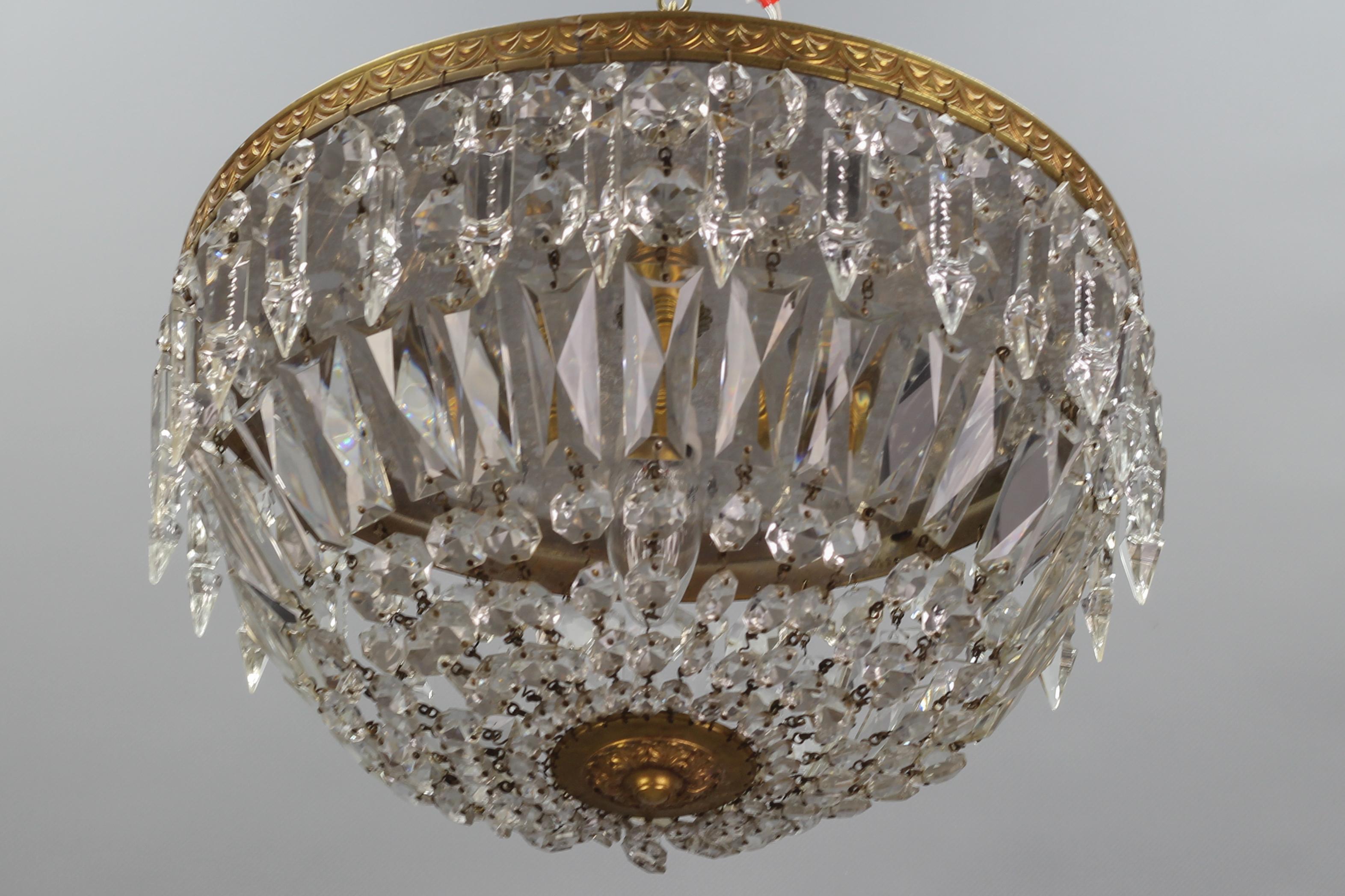 French Art Deco Style Crystal Glass and Brass Basket Ceiling Light Fixture 5
