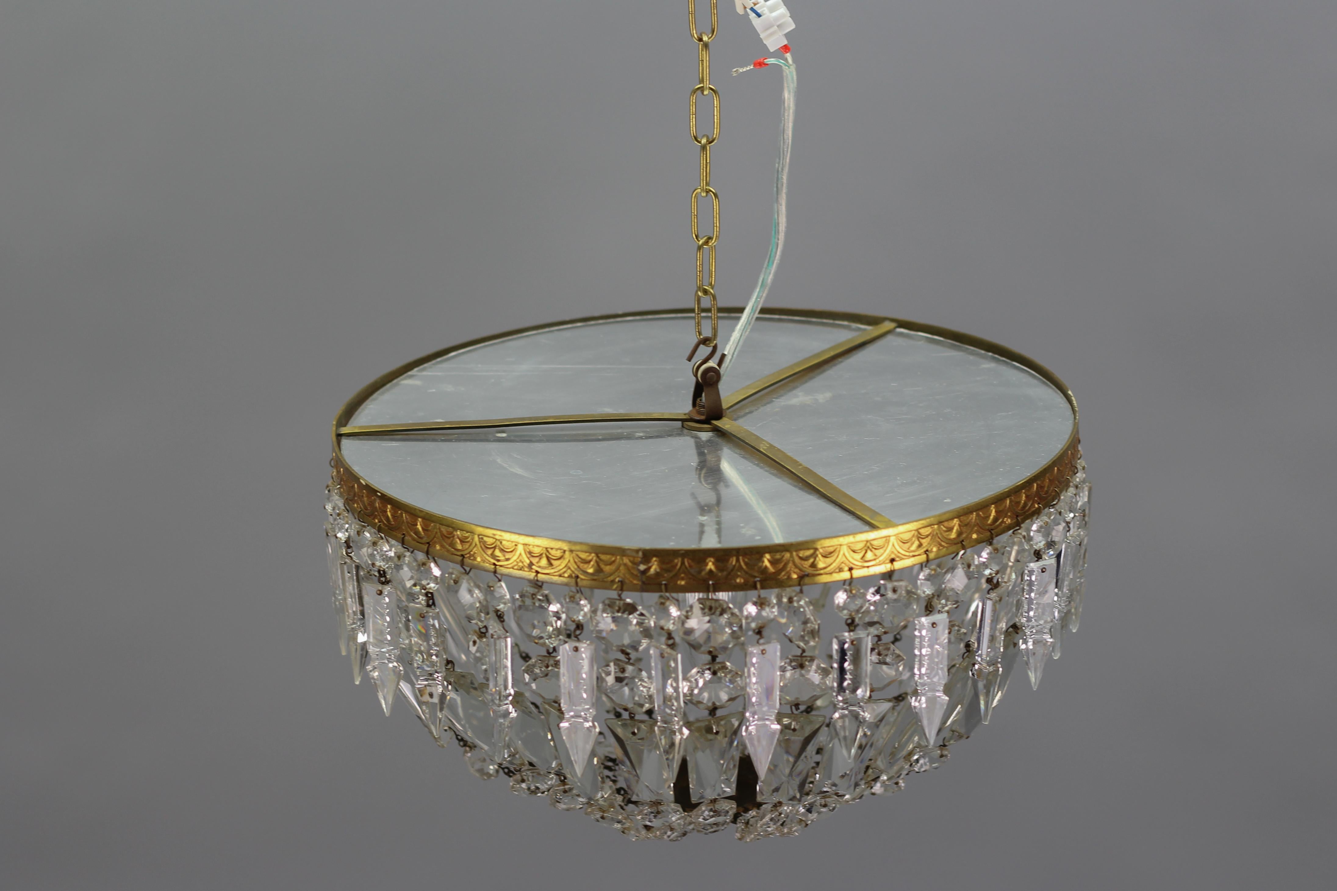 French Art Deco Style Crystal Glass and Brass Basket Ceiling Light Fixture 7