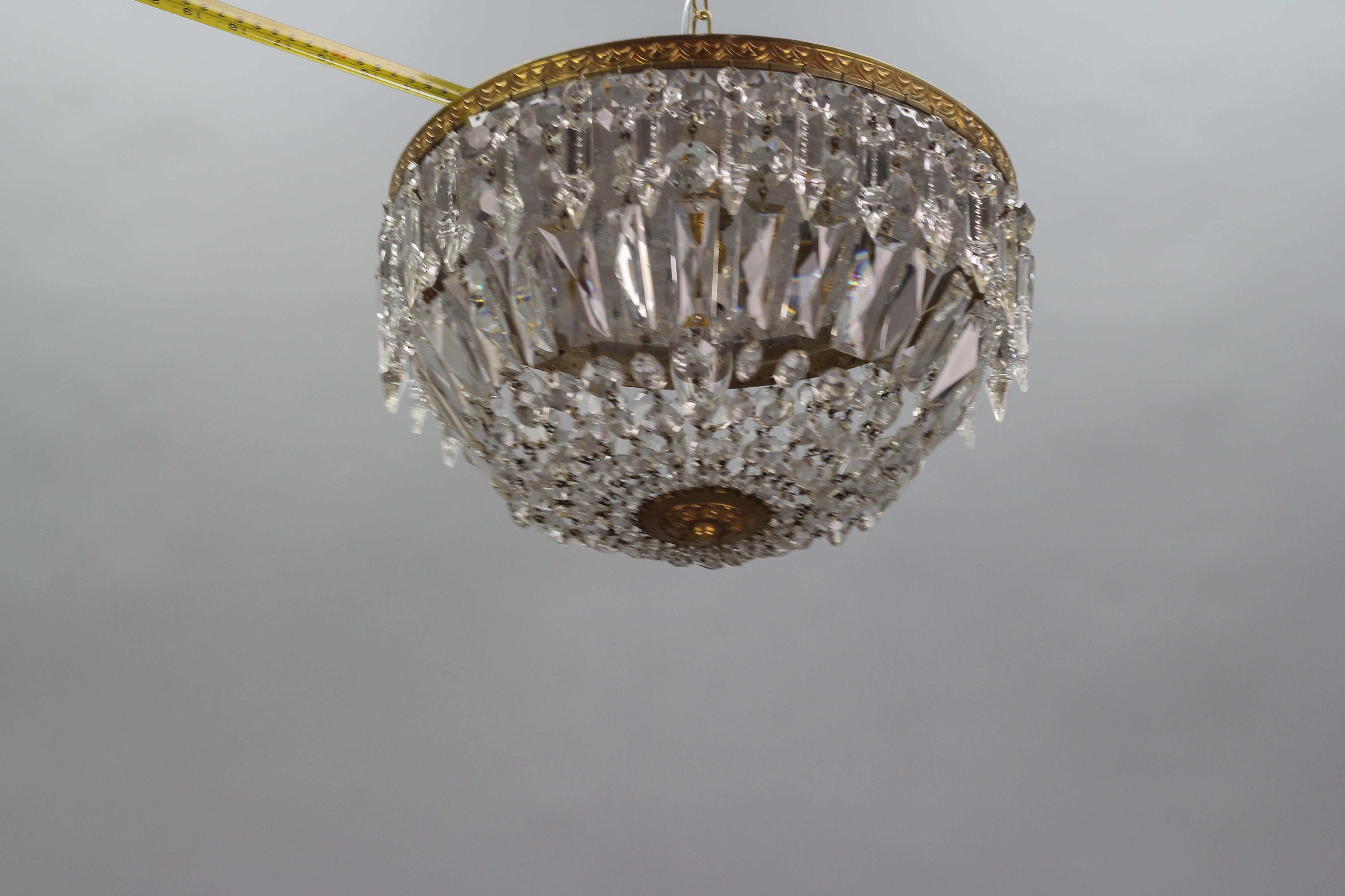 French Art Deco Style Crystal Glass and Brass Basket Ceiling Light Fixture 8