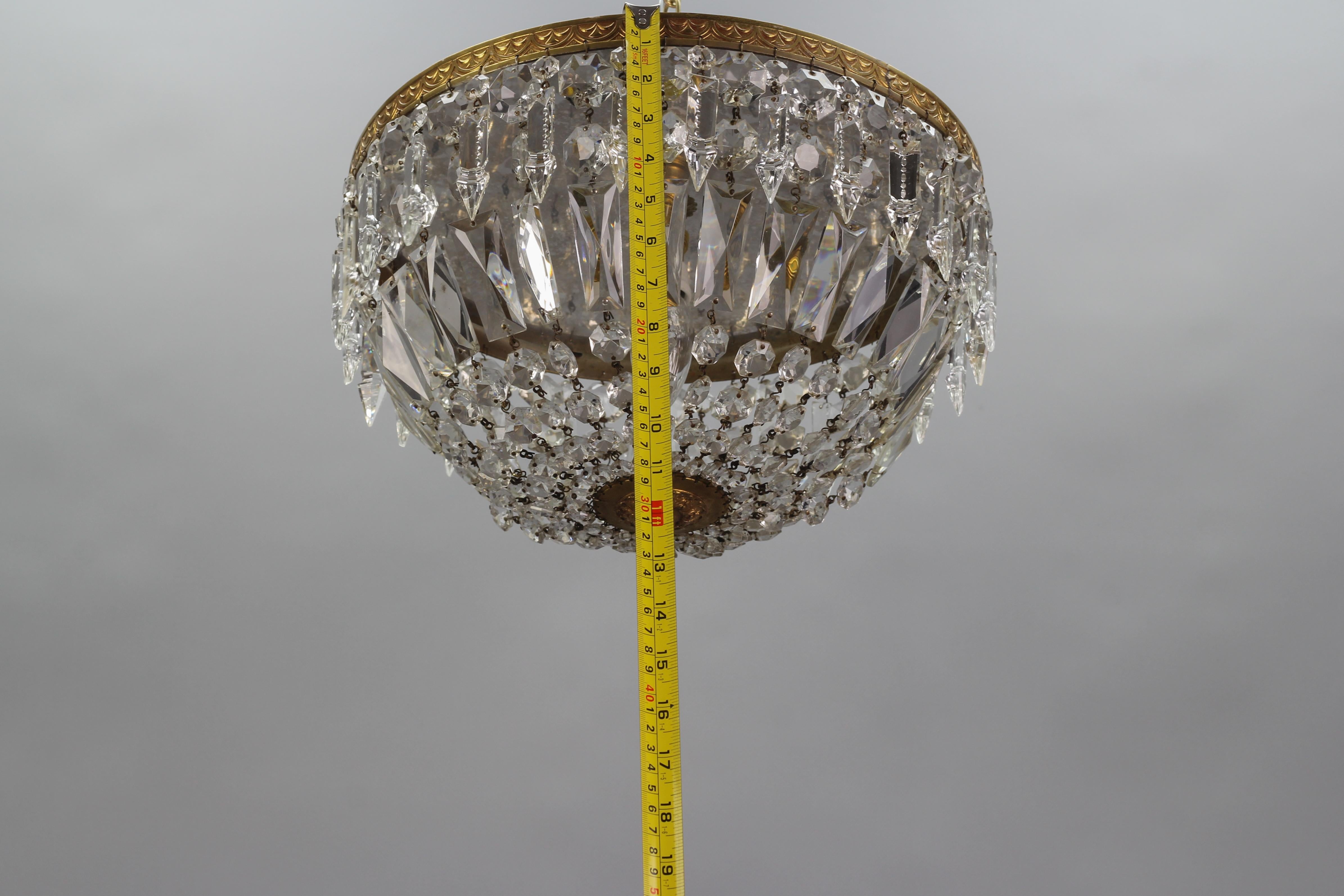 French Art Deco Style Crystal Glass and Brass Basket Ceiling Light Fixture 9