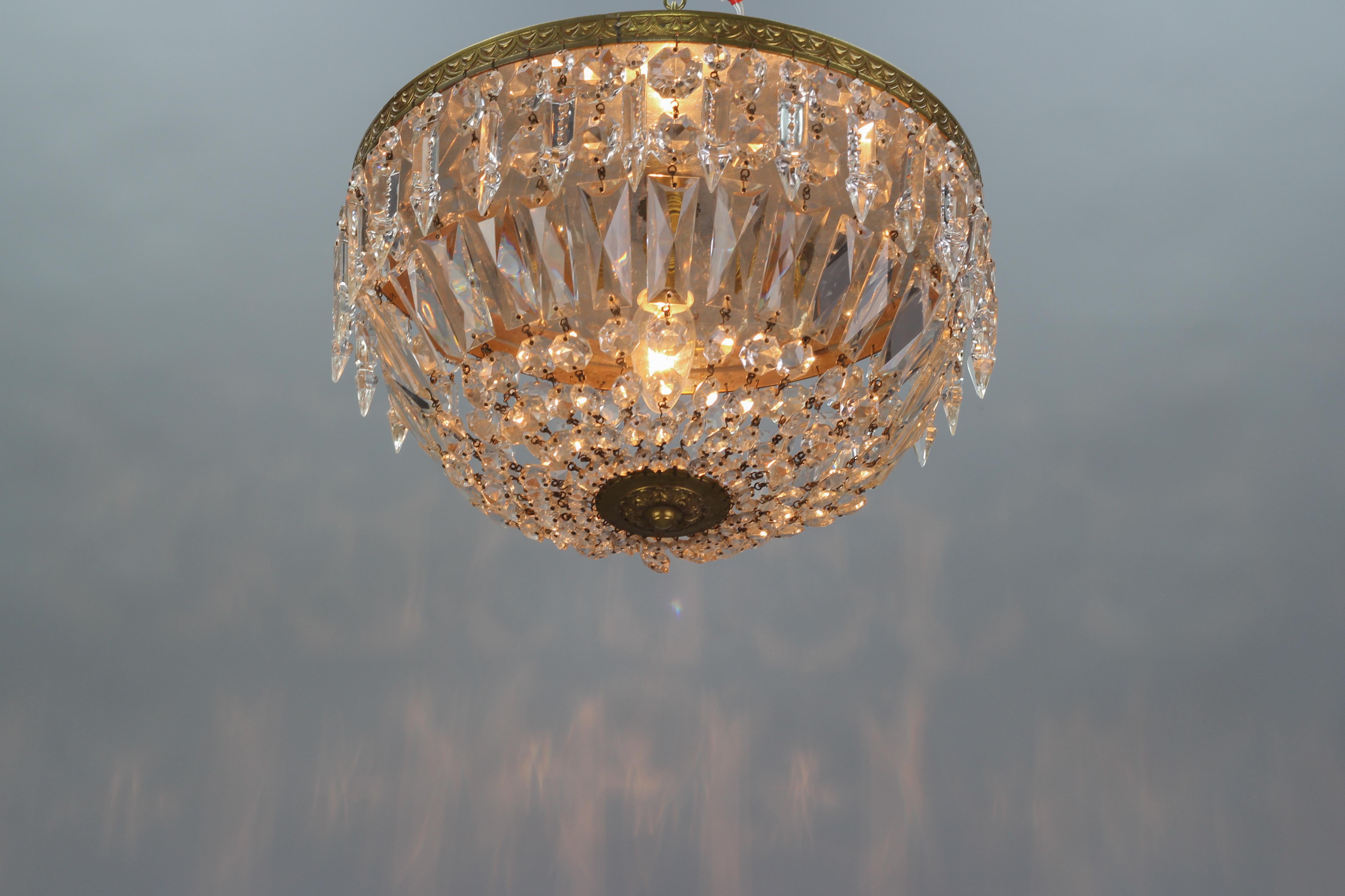 French Art Deco Style Crystal Glass and Brass Basket Ceiling Light Fixture 10