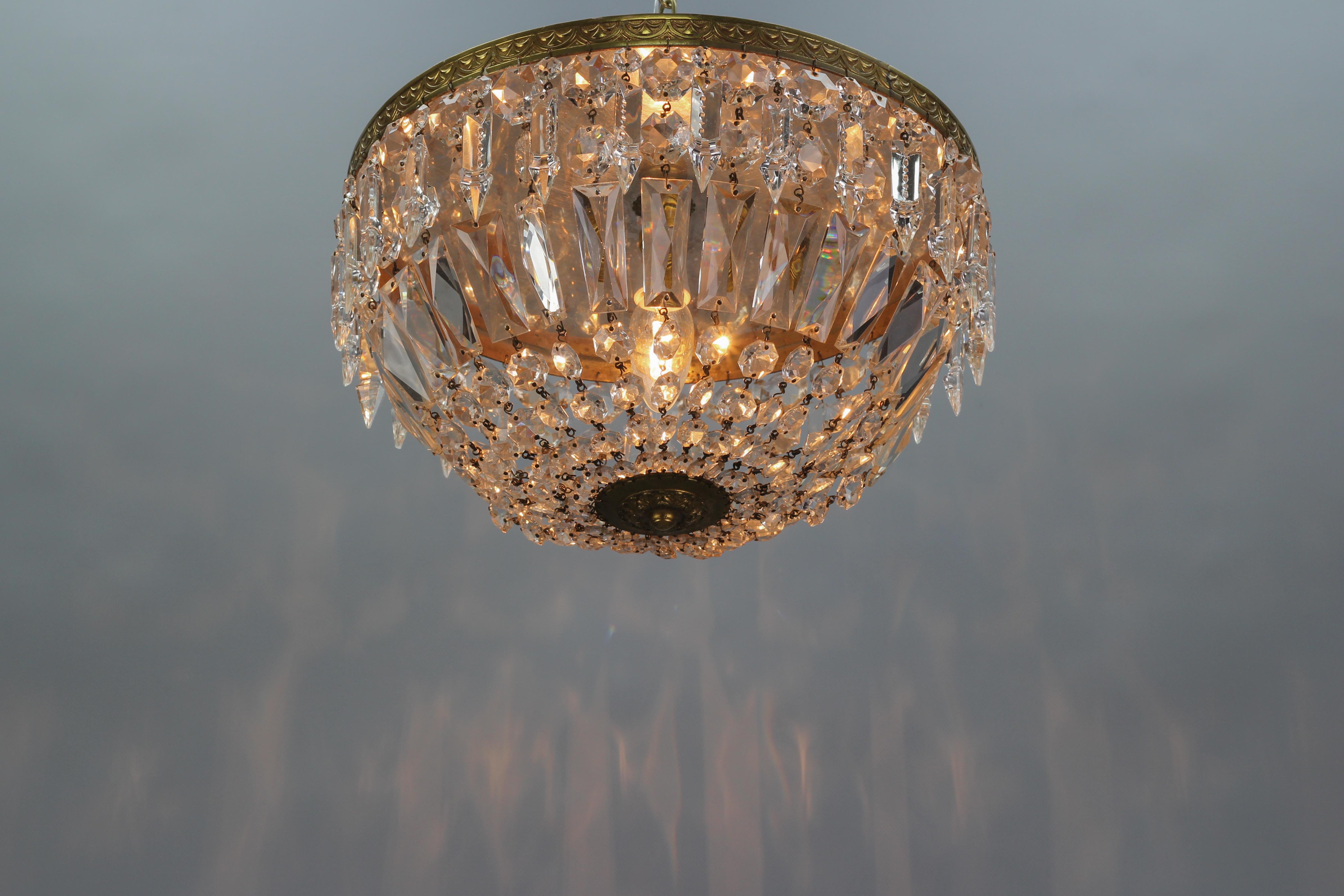 French Art Deco Style Crystal Glass and Brass Basket Ceiling Light Fixture 11