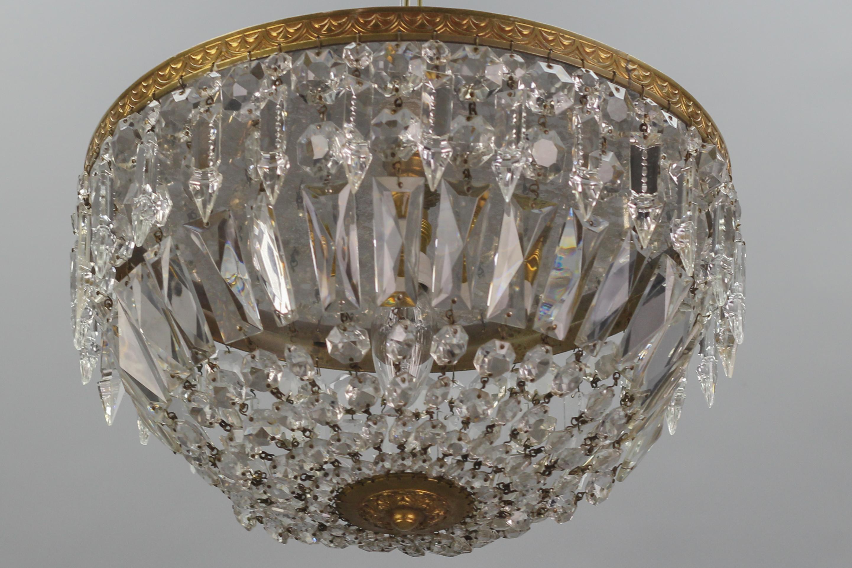 French Art Deco Style Crystal Glass and Brass Basket Ceiling Light Fixture 12