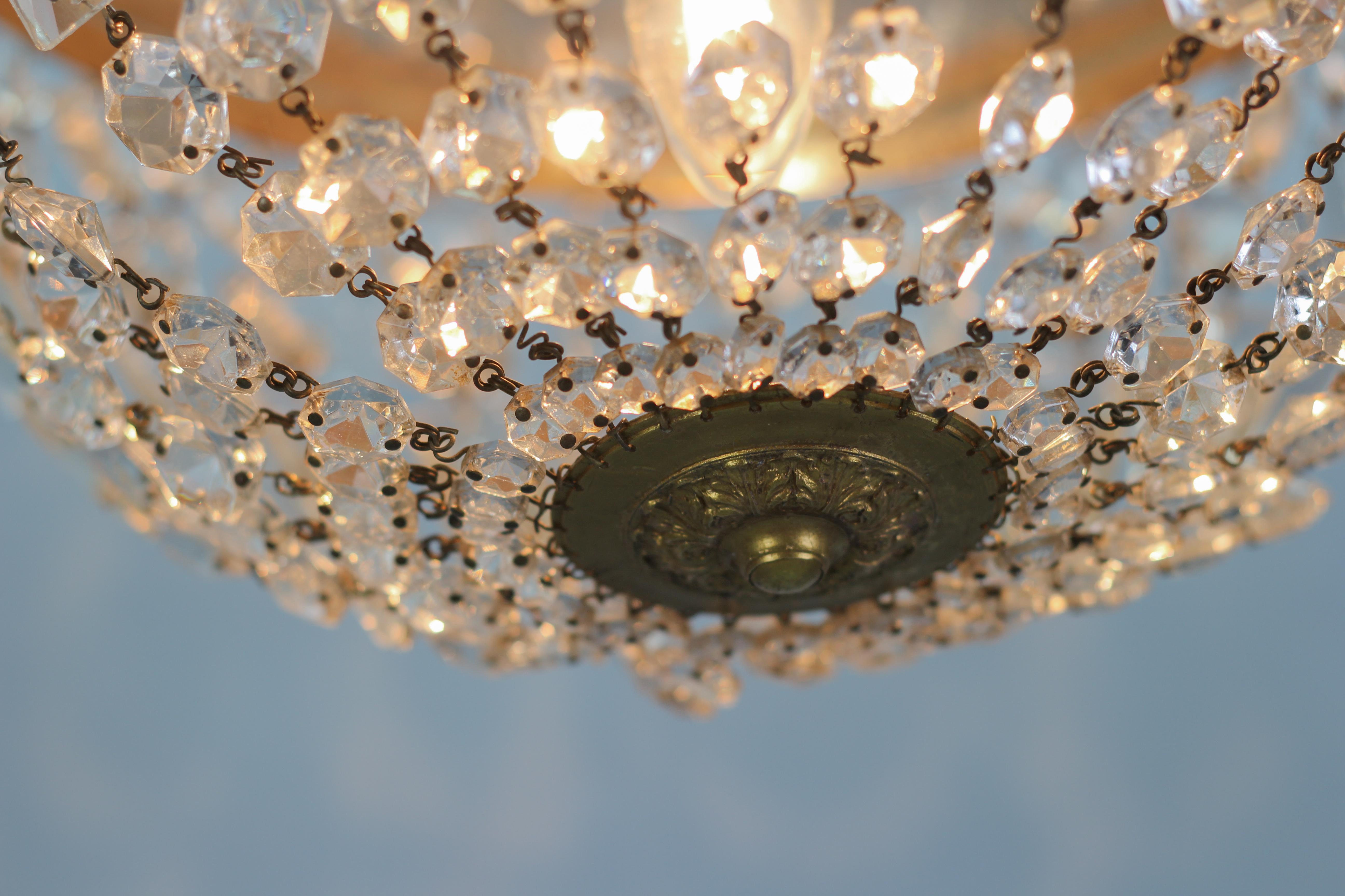 Mid-20th Century French Art Deco Style Crystal Glass and Brass Basket Ceiling Light Fixture