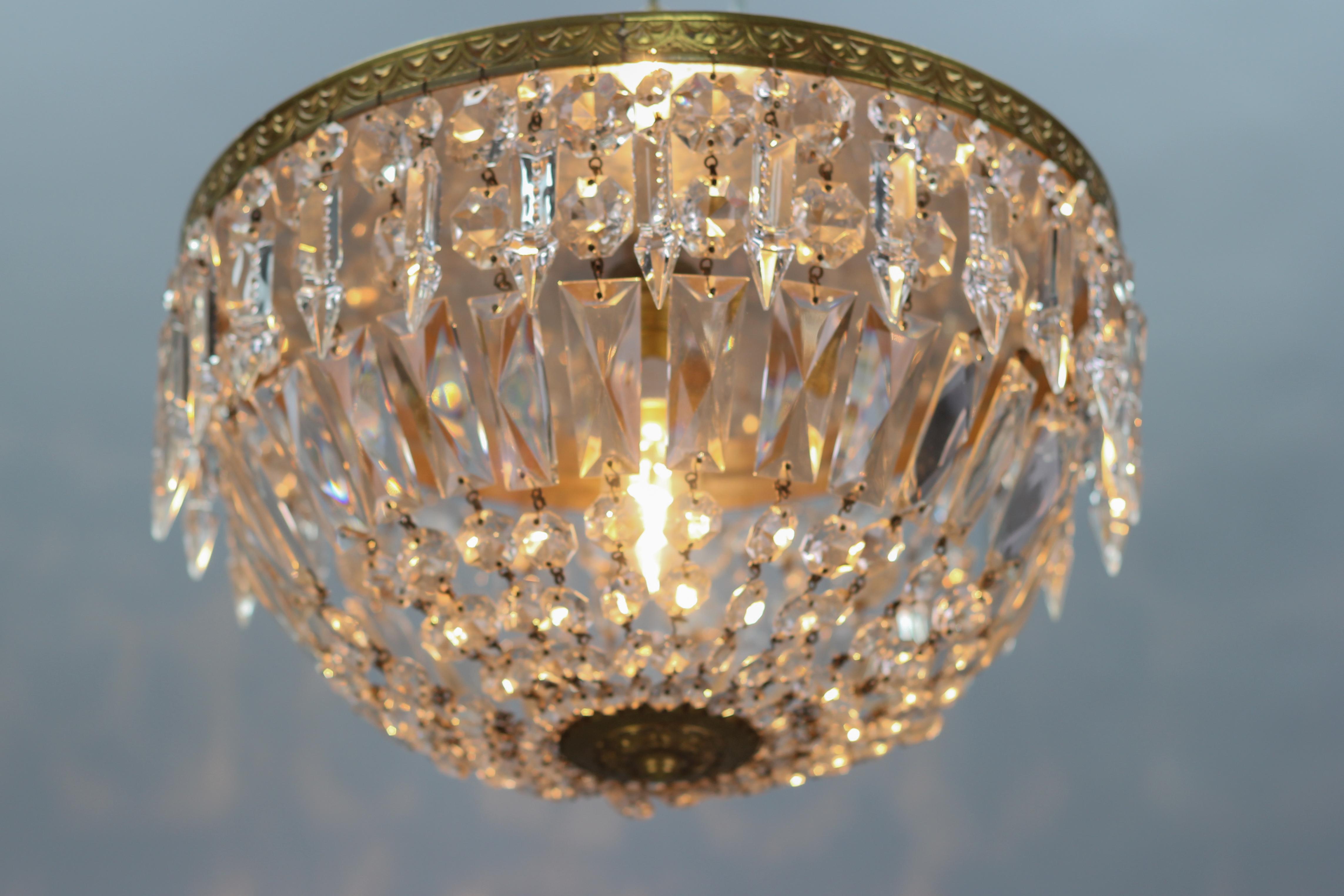 French Art Deco Style Crystal Glass and Brass Basket Ceiling Light Fixture 1