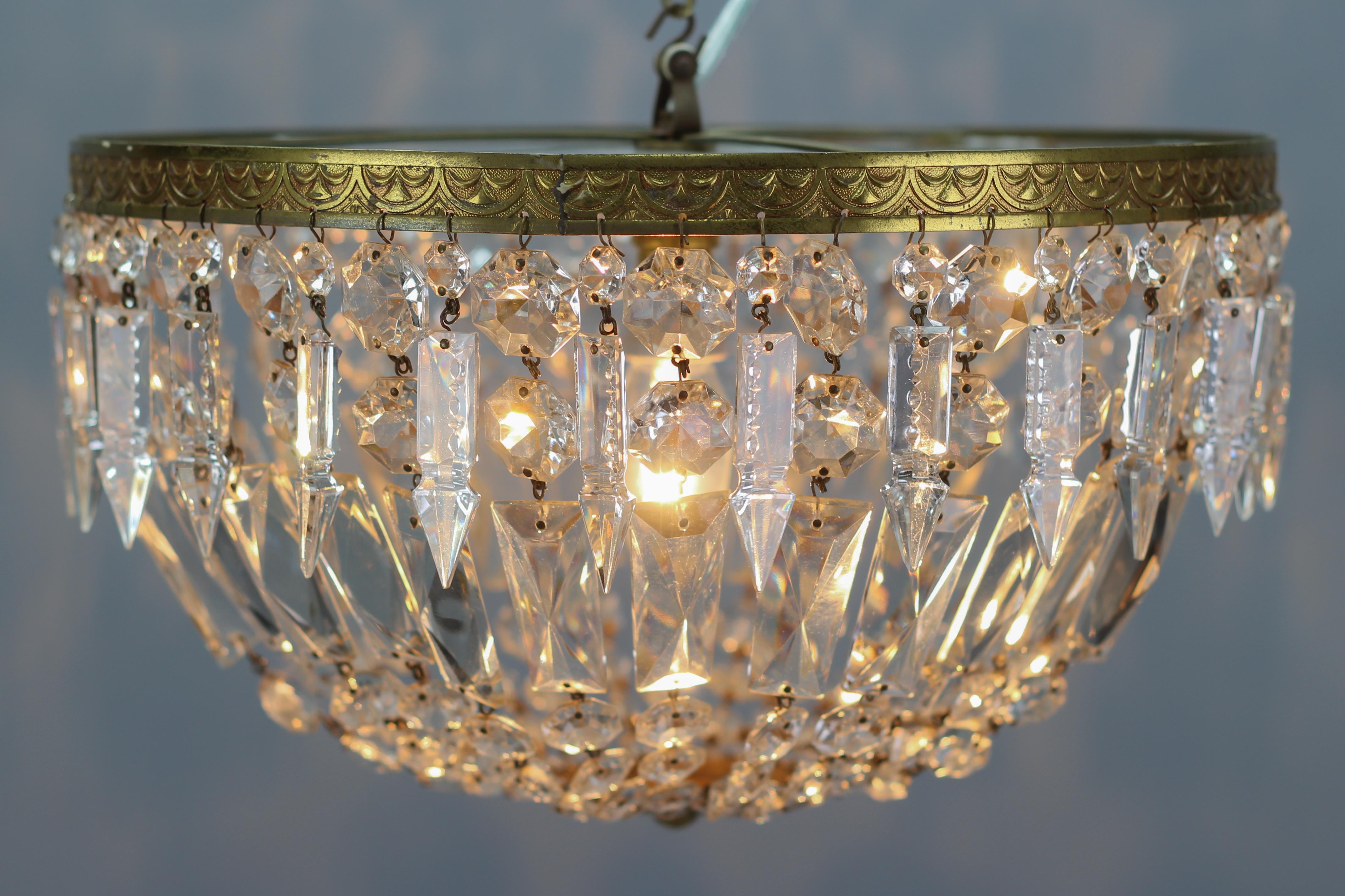 French Art Deco Style Crystal Glass and Brass Basket Ceiling Light Fixture 2