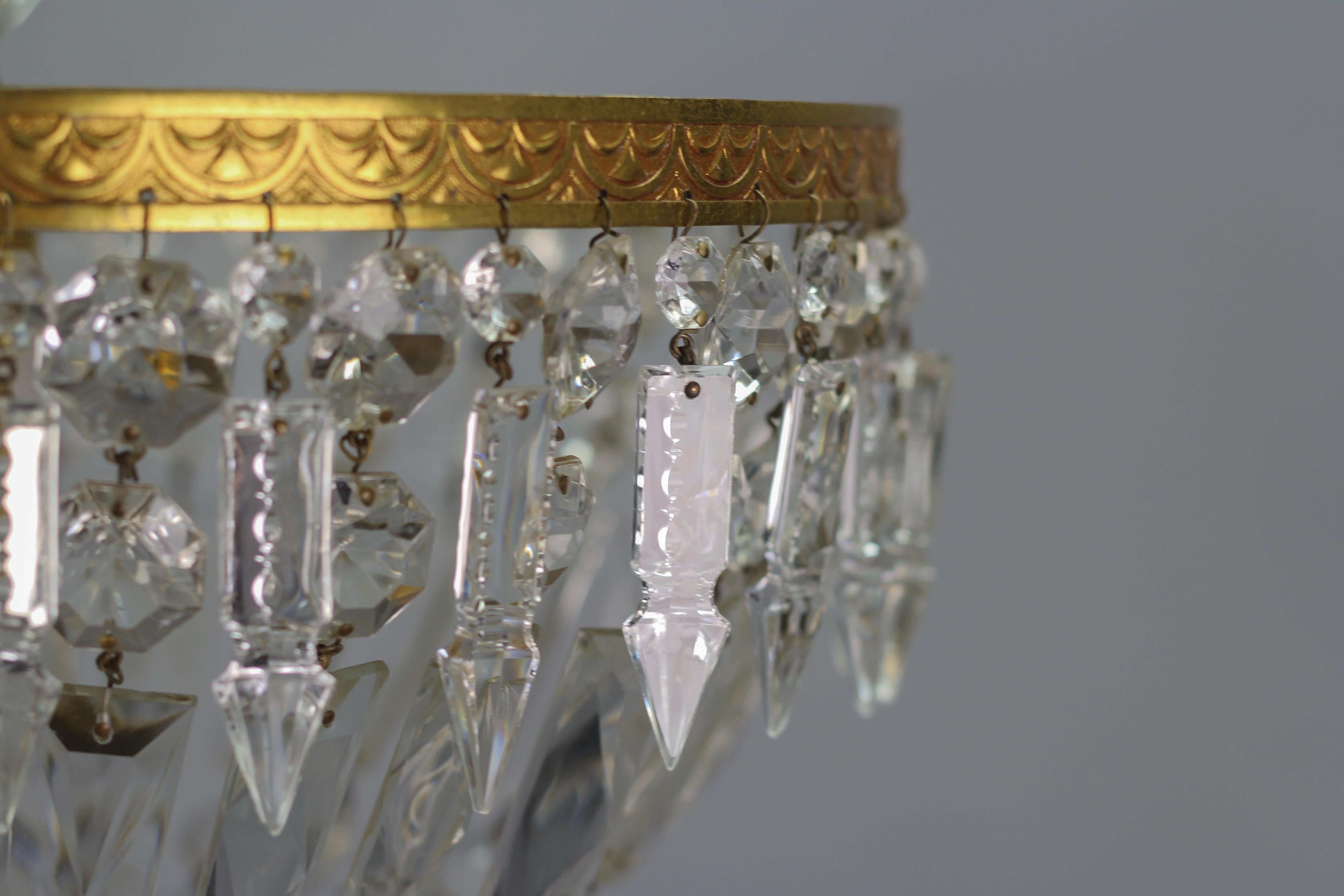 French Art Deco Style Crystal Glass and Brass Basket Ceiling Light Fixture 3