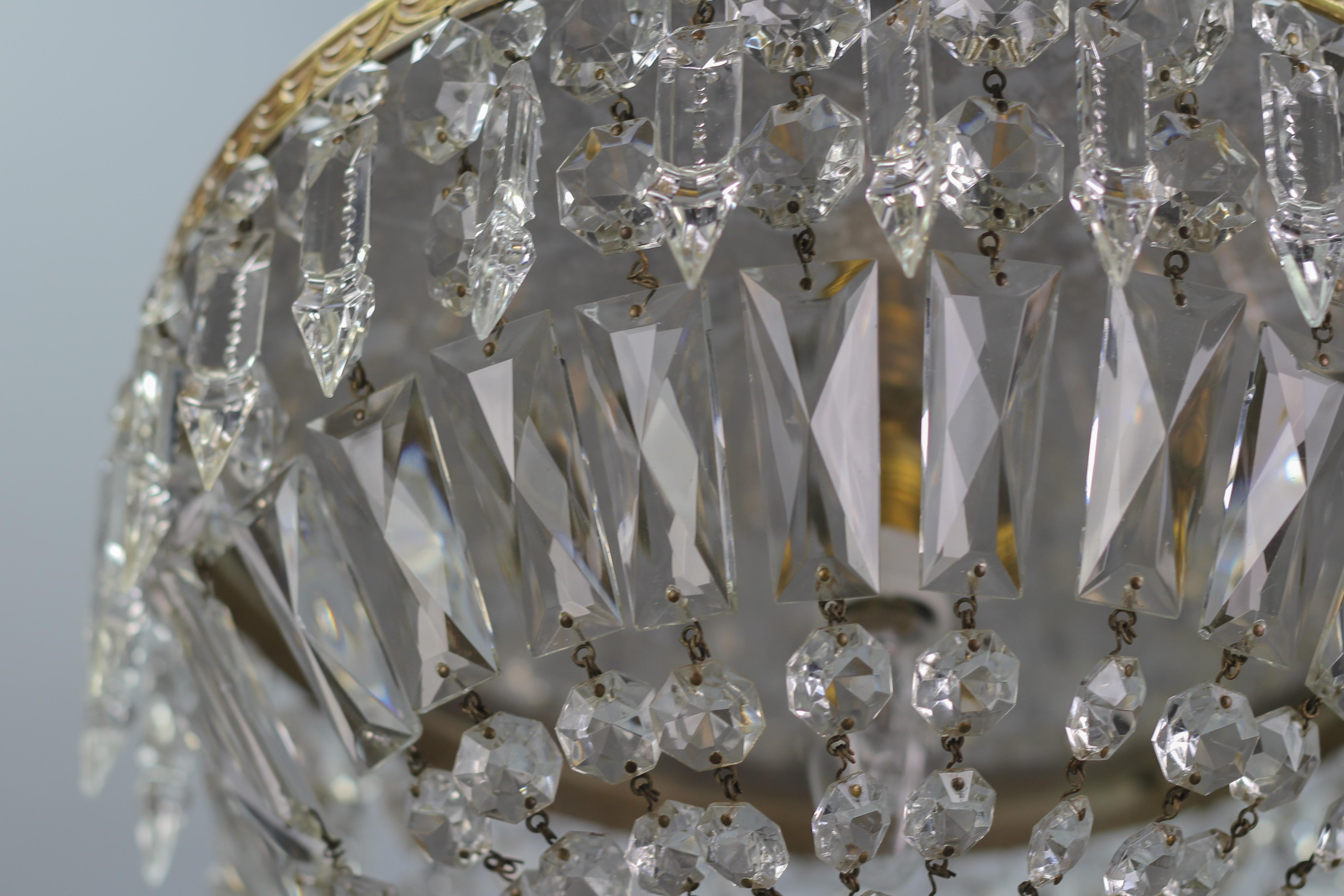 French Art Deco Style Crystal Glass and Brass Basket Ceiling Light Fixture 4