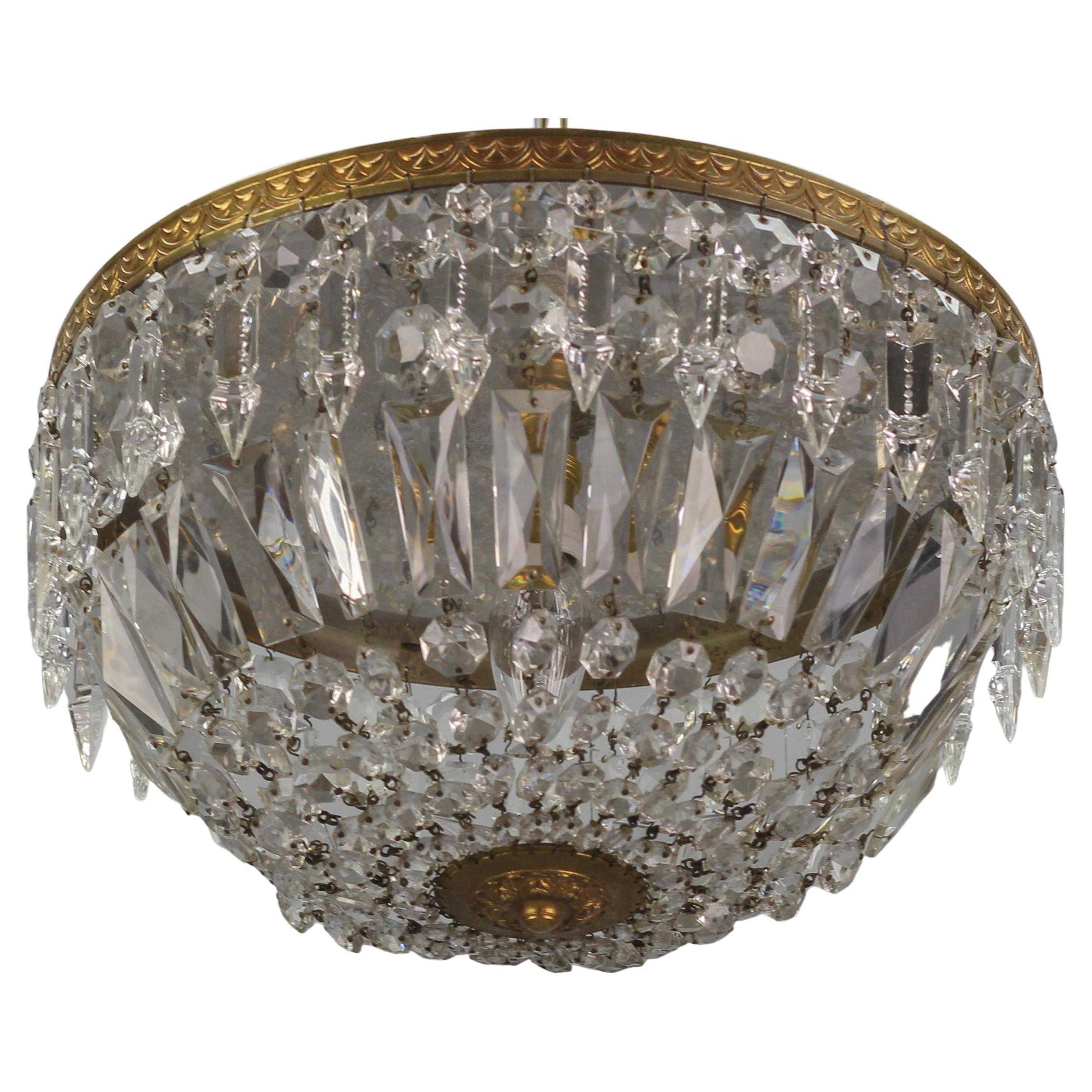 French Art Deco Style Crystal Glass and Brass Basket Ceiling Light Fixture