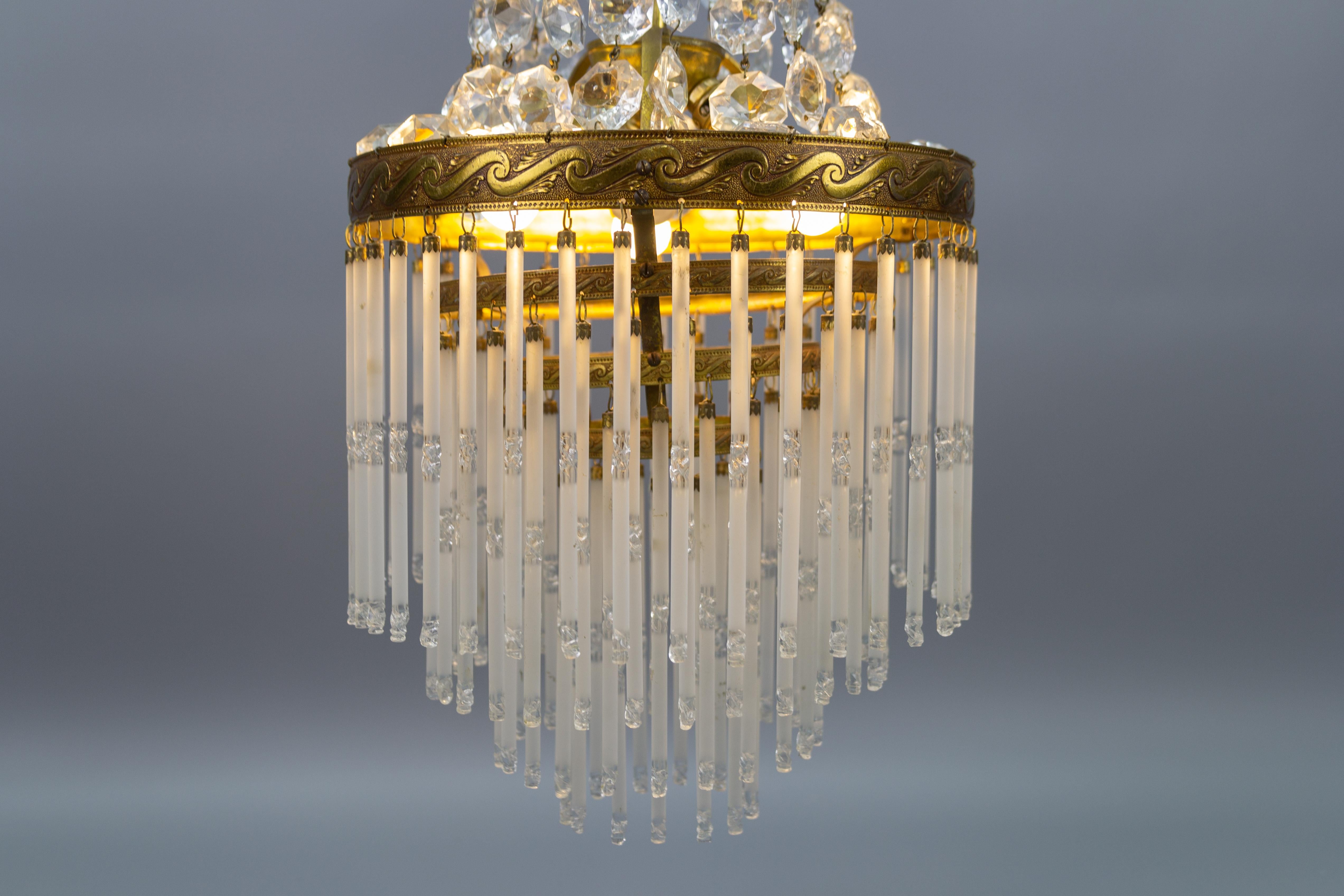 French Art Deco Style Crystal Glass and Glass Rods Three-Light Brass Chandelier 13