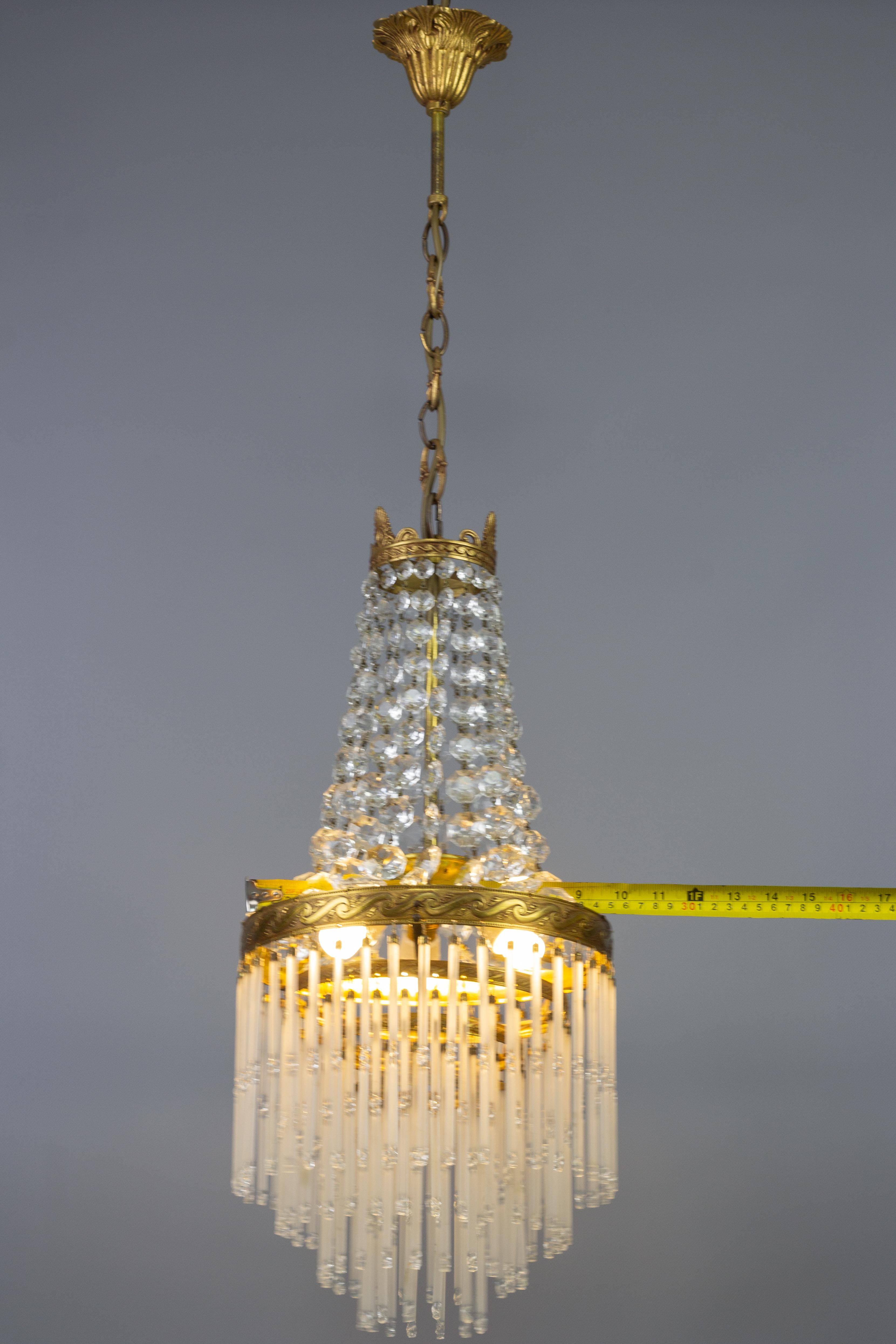 French Art Deco Style Crystal Glass and Glass Rods Three-Light Brass Chandelier 15