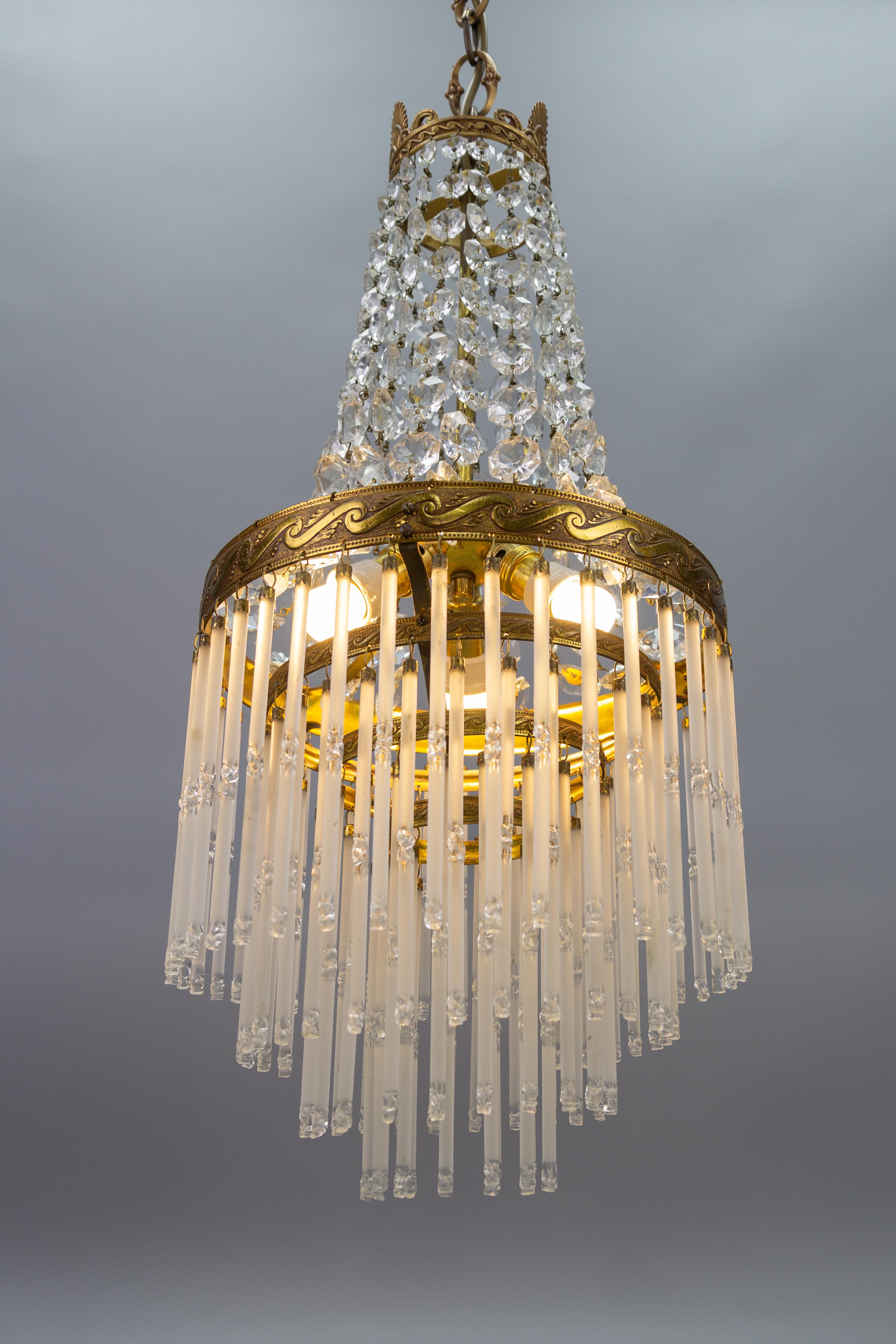 Mid-20th Century French Art Deco Style Crystal Glass and Glass Rods Three-Light Brass Chandelier