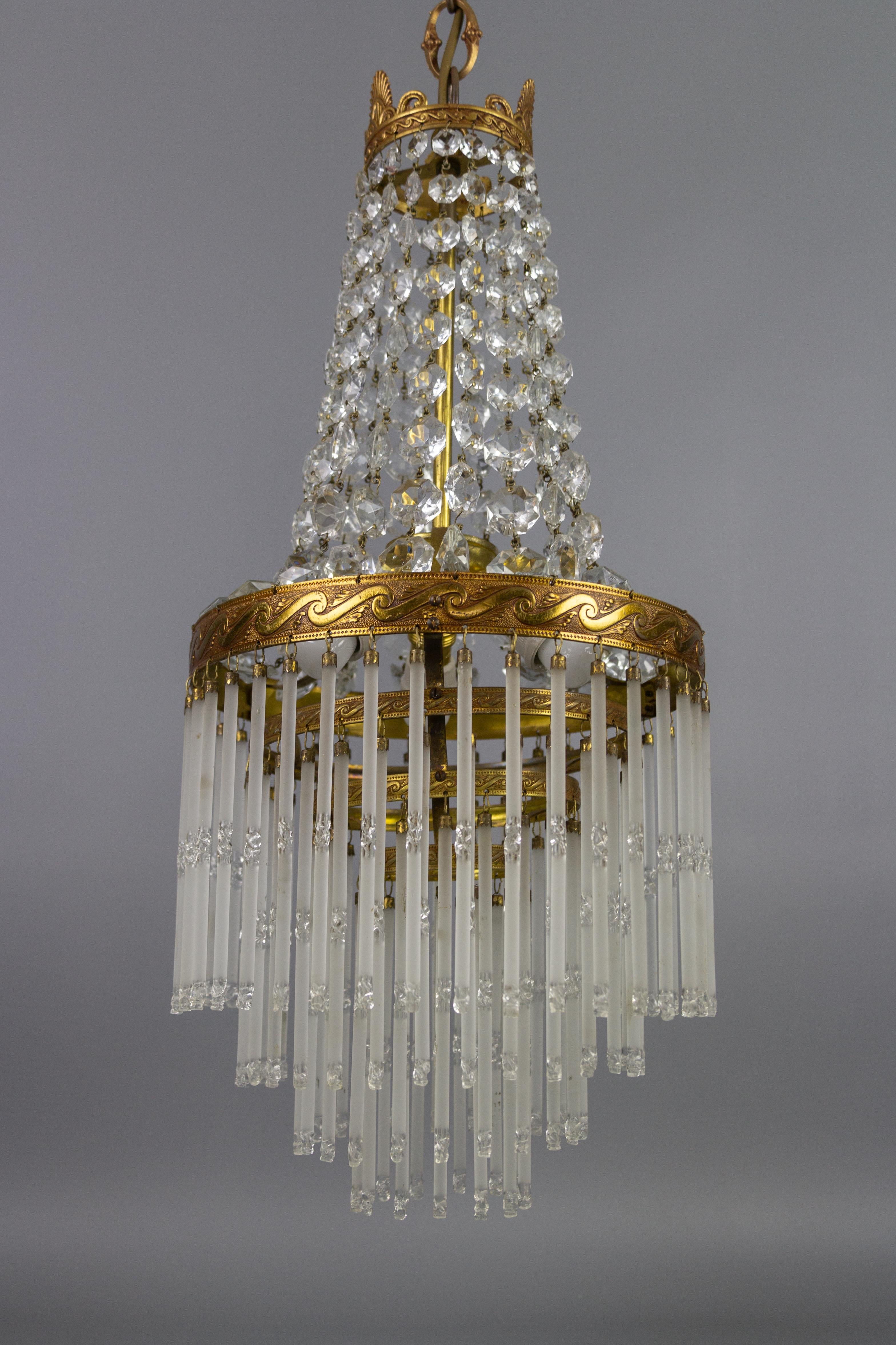 French Art Deco Style Crystal Glass and Glass Rods Three-Light Brass Chandelier 2
