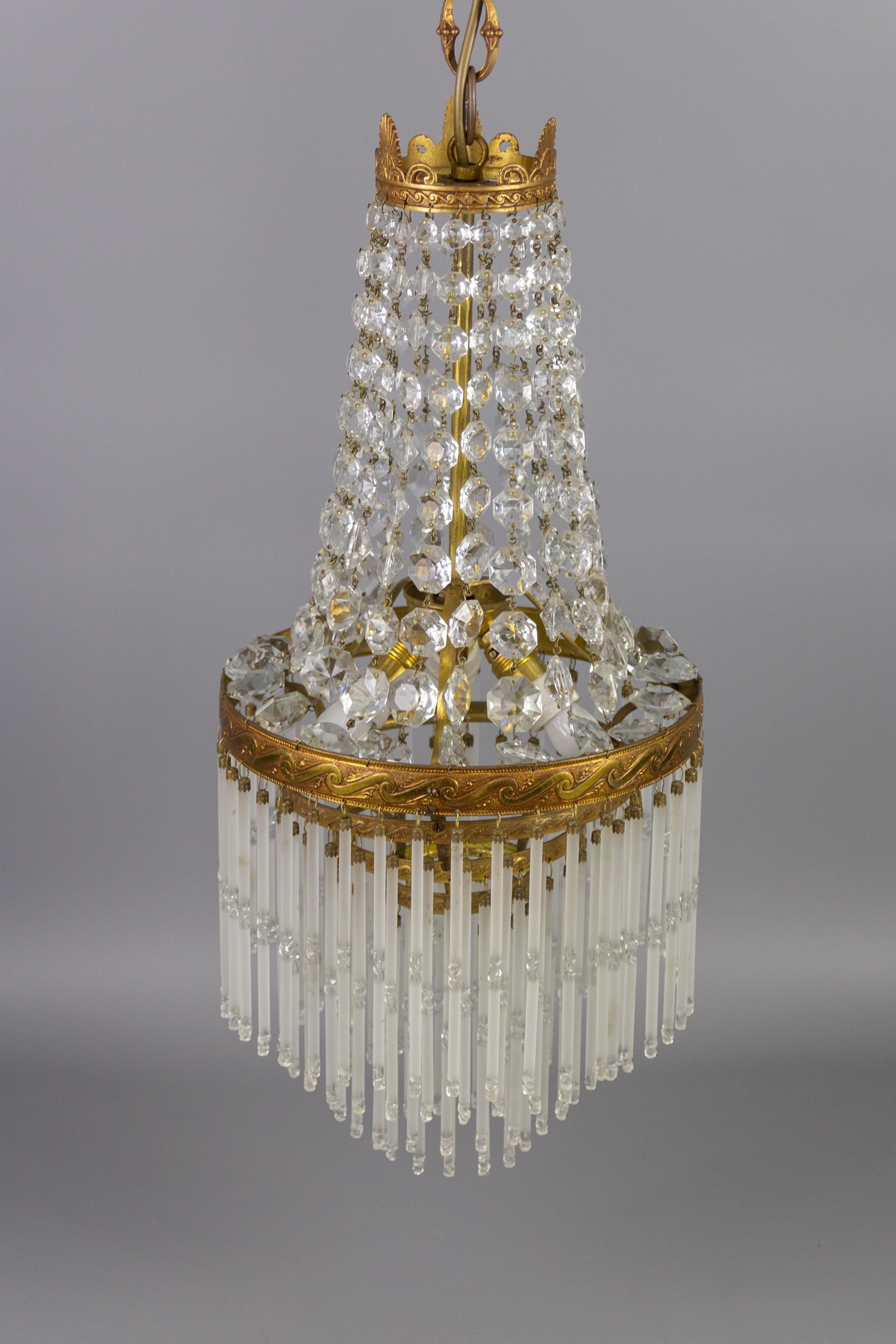 French Art Deco Style Crystal Glass and Glass Rods Three-Light Brass Chandelier 3