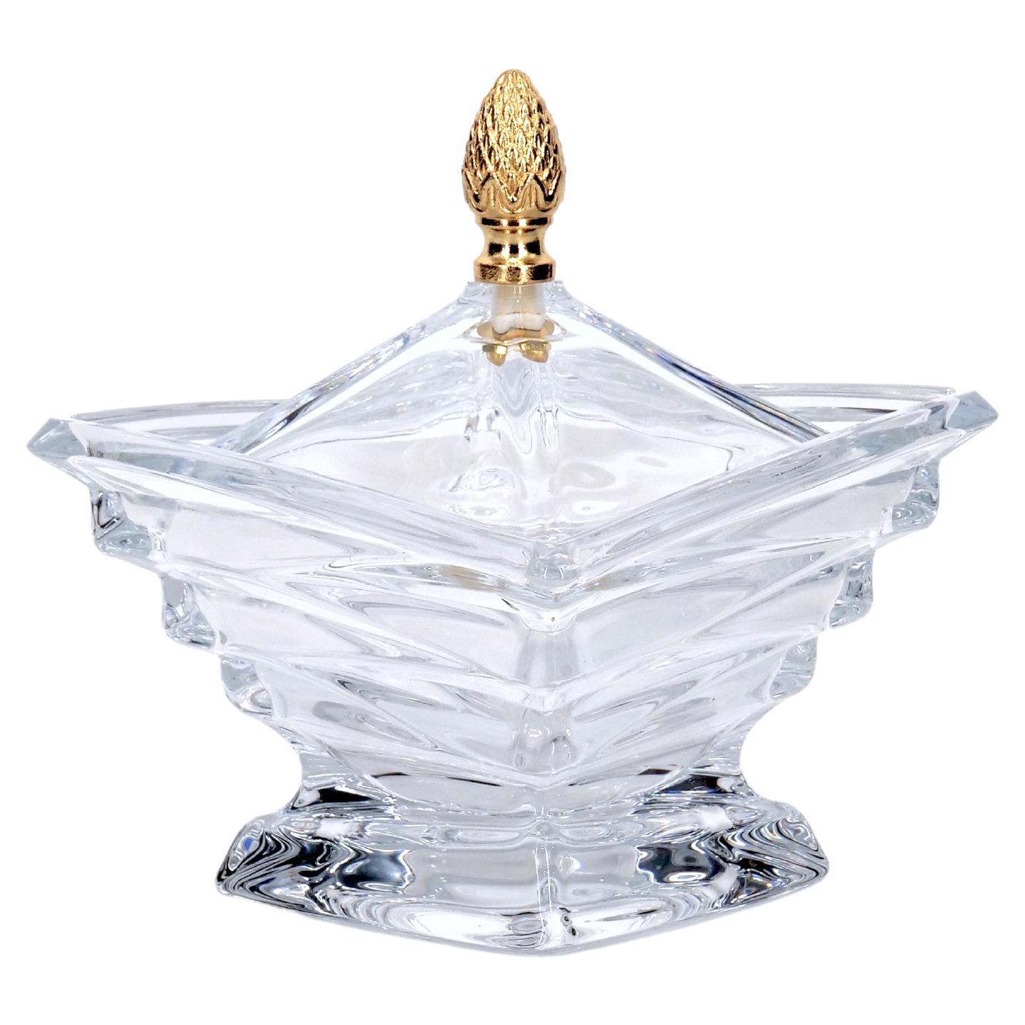 French Art Deco Style Cut Crystal Covered Dish