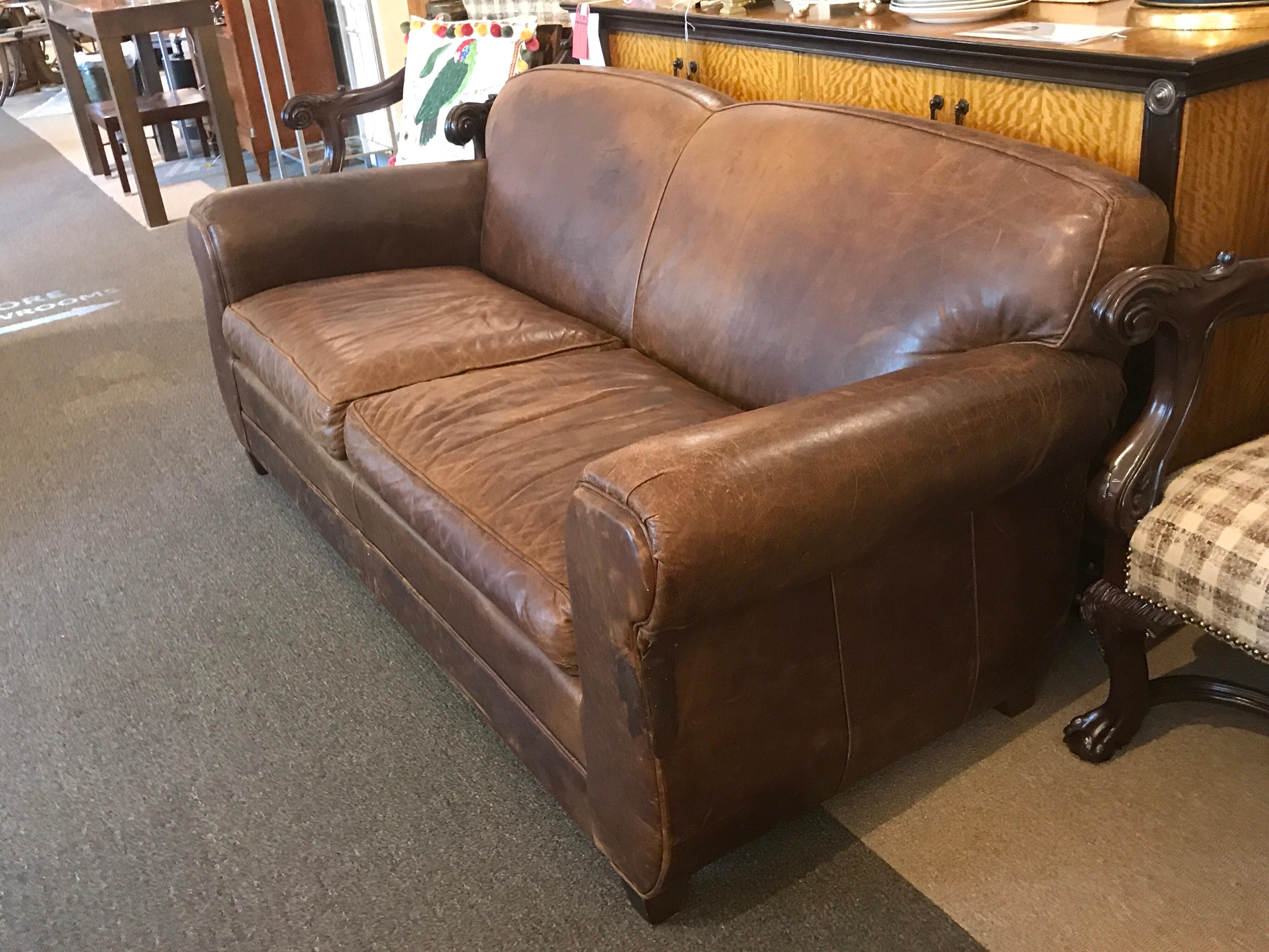 French Art Deco Style Distressed Leather Sofa In Distressed Condition For Sale In Atlanta, GA