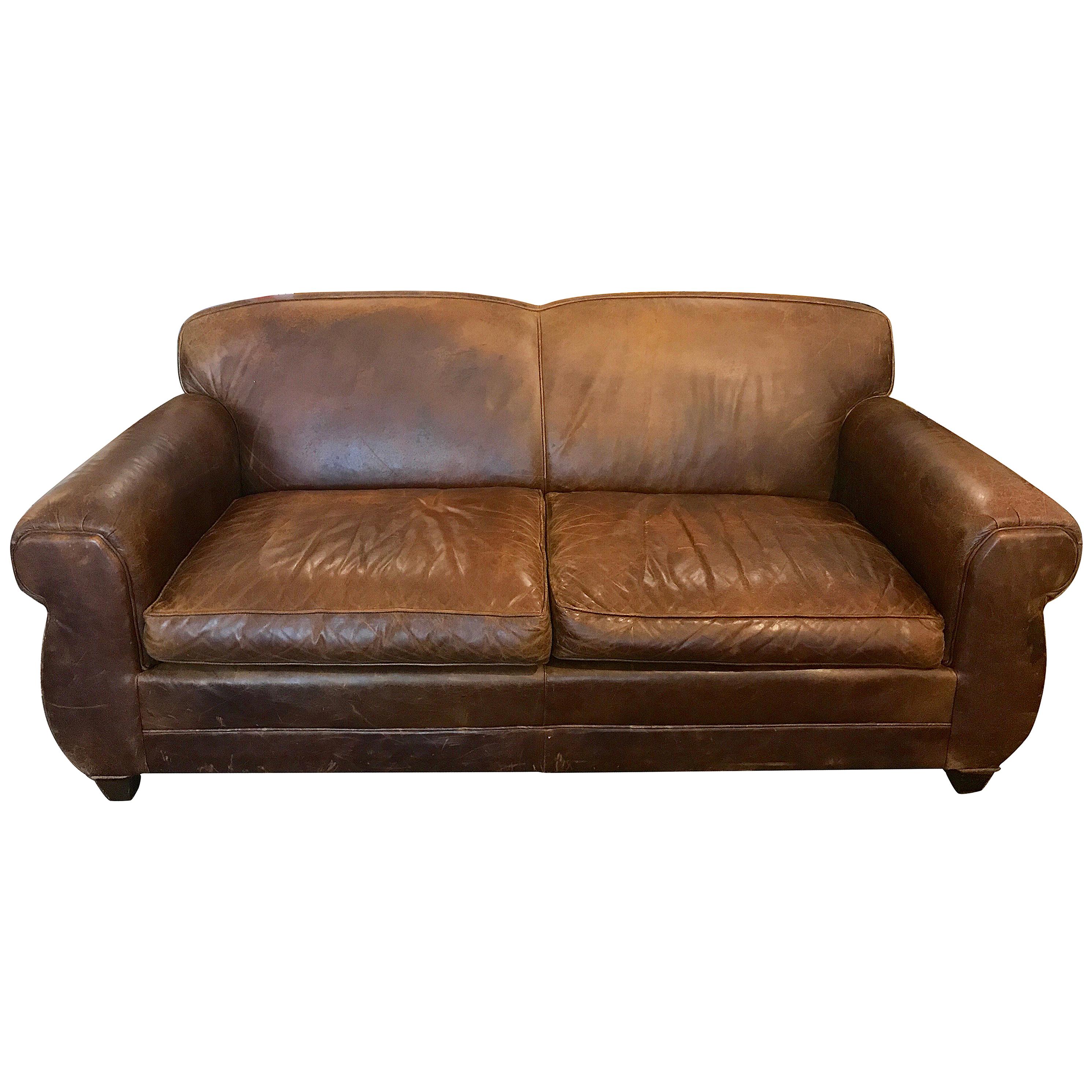 French Art Deco Style Distressed Leather Sofa For Sale