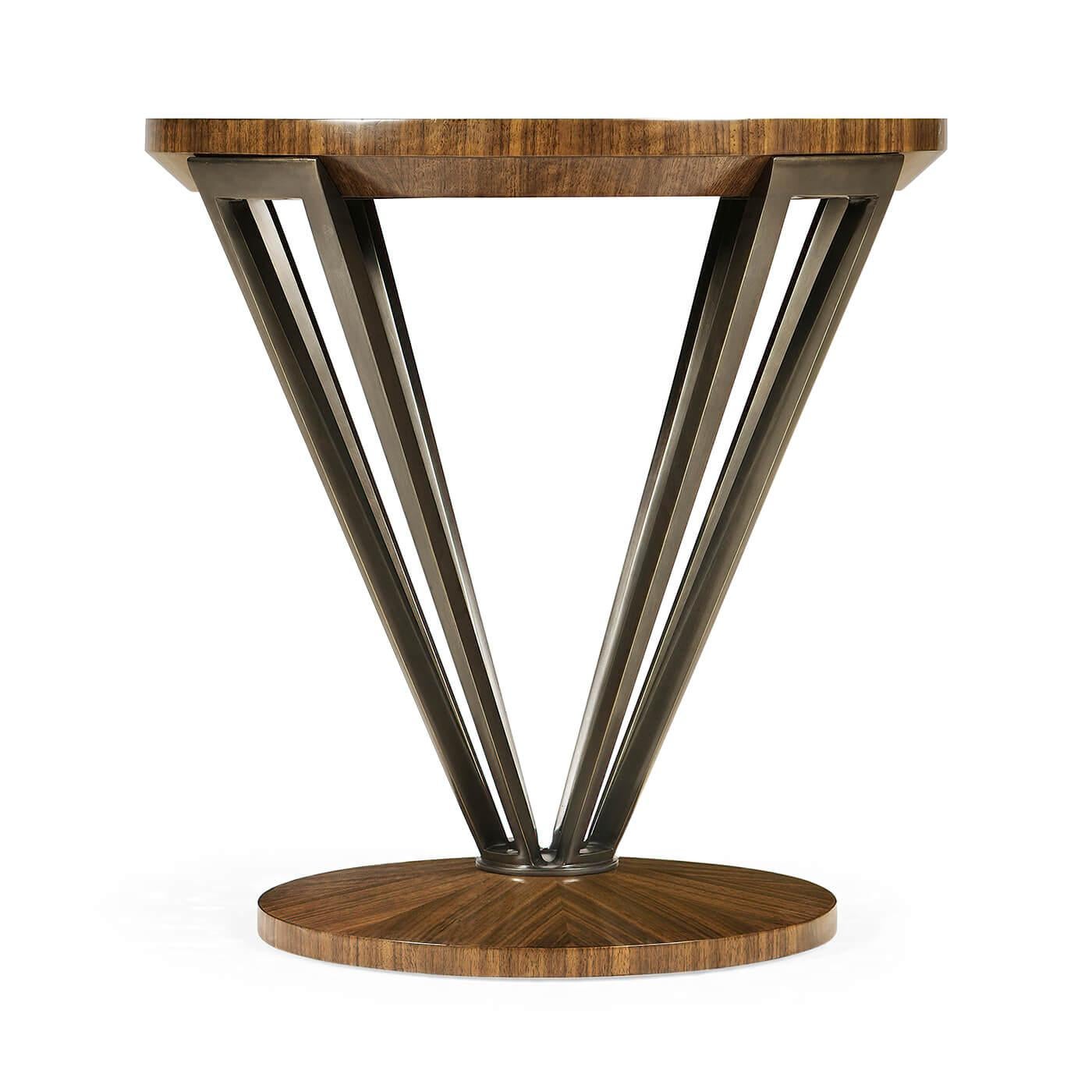 French Art Deco style end tables with a walnut rayed top with a transparent lacquer finish with a brass tapered pedestal having an acid dipped and hand-rubbed finish creating a wonderful soft patina.

Dimensions: 24
