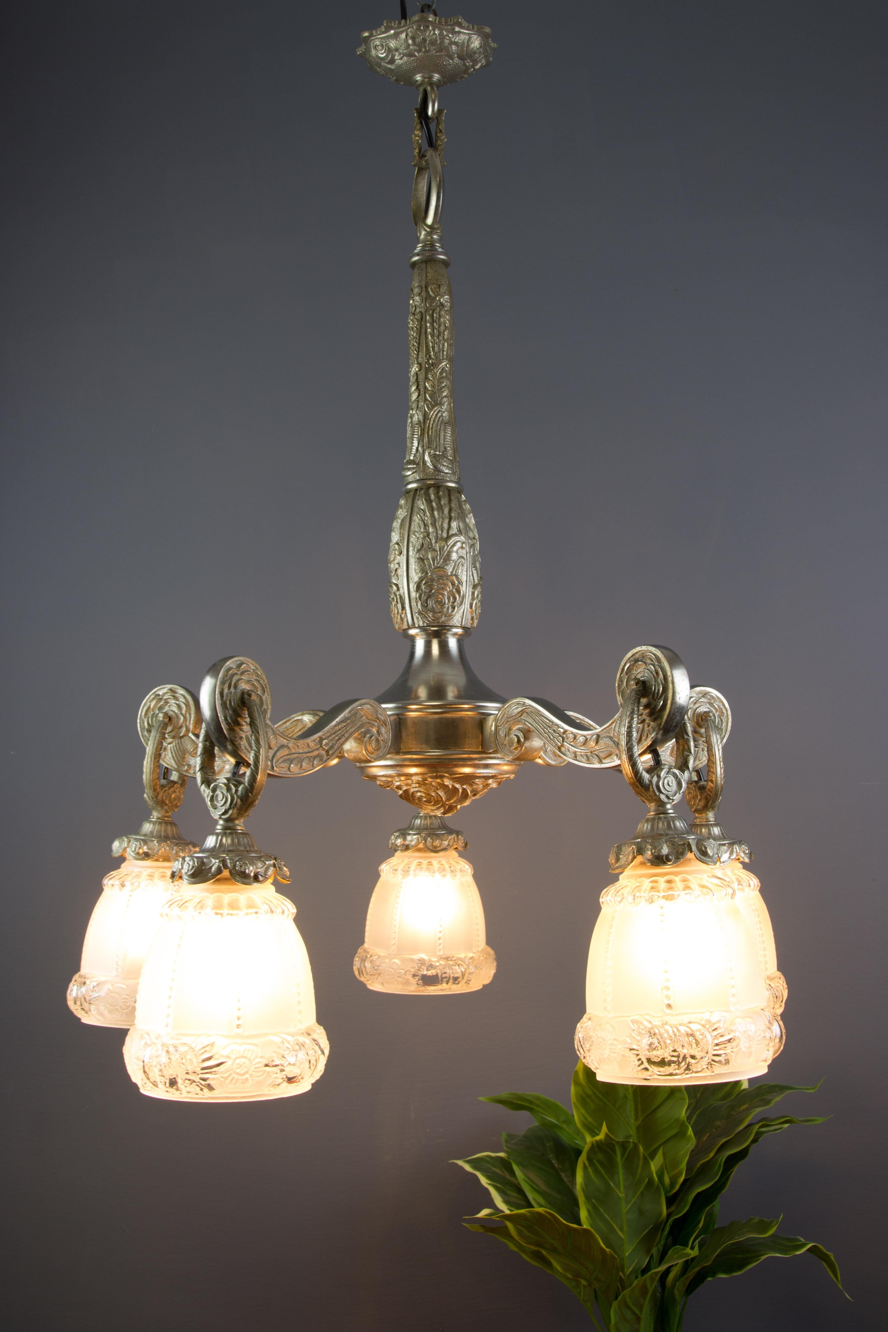 French Art Deco Style Five-Light Bronze and Frosted Glass Floral Chandelier For Sale 6