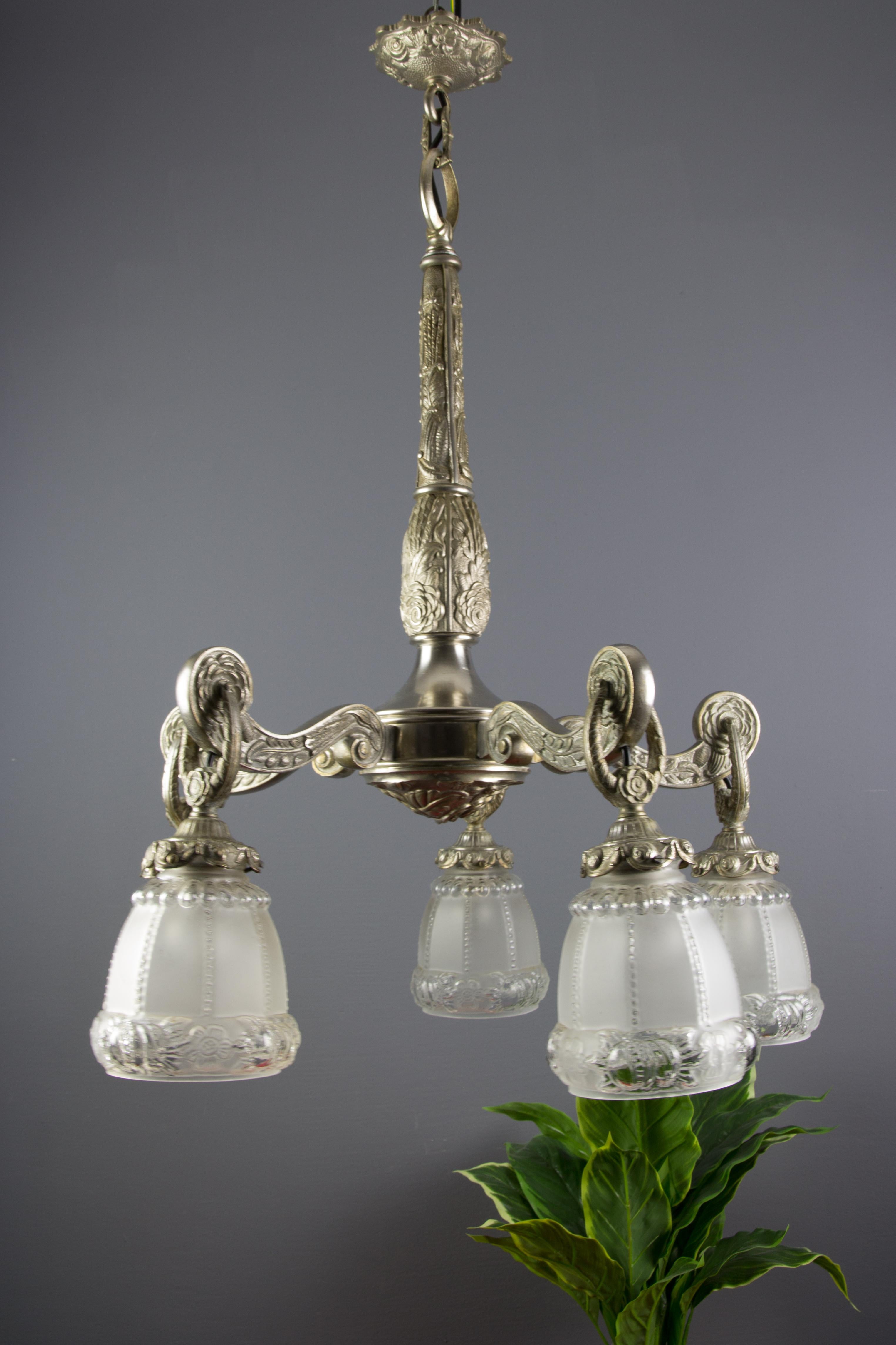 French Art Deco Style Five-Light Bronze and Frosted Glass Floral Chandelier For Sale 7