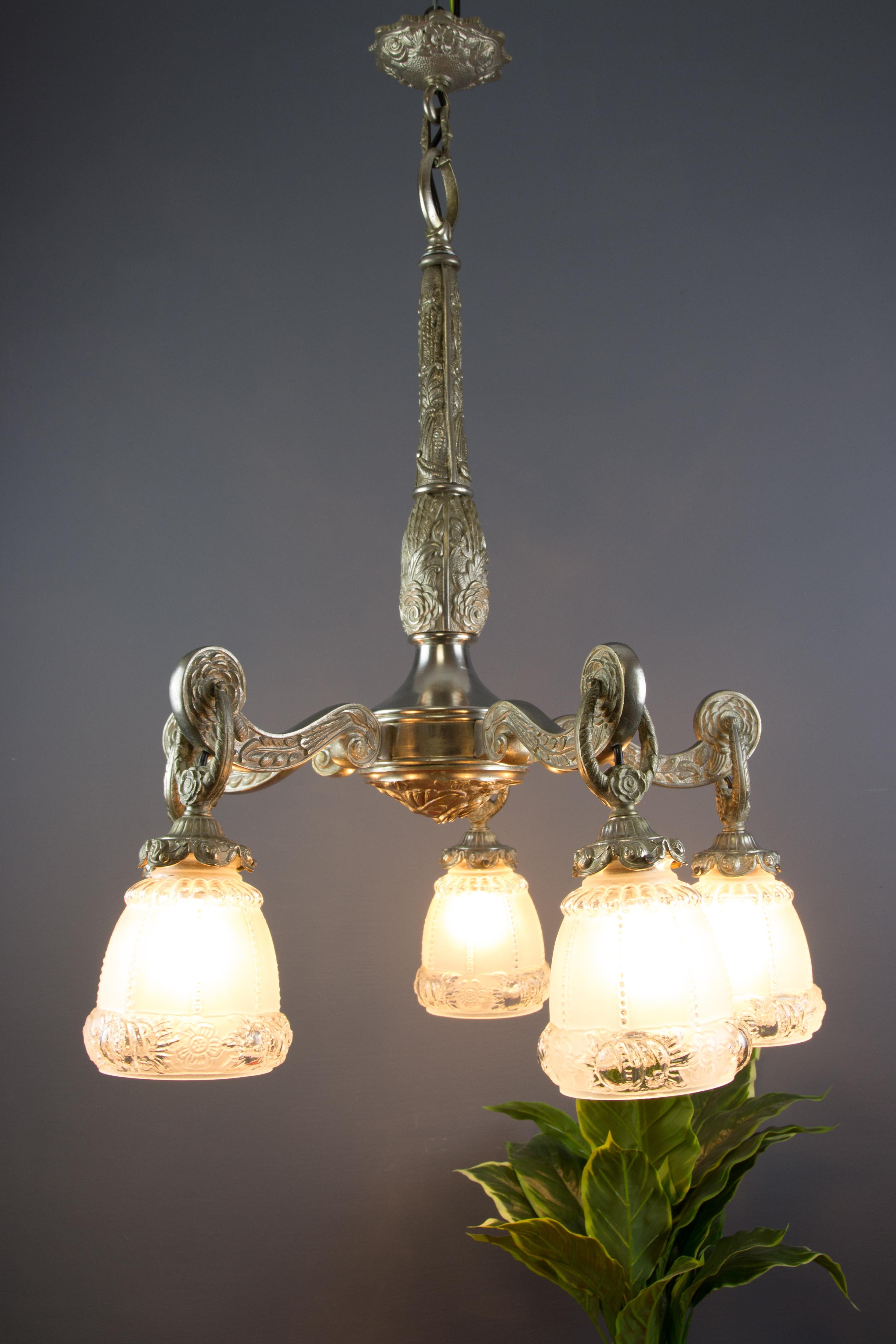 French Art Deco Style Five-Light Bronze and Frosted Glass Floral Chandelier For Sale 8
