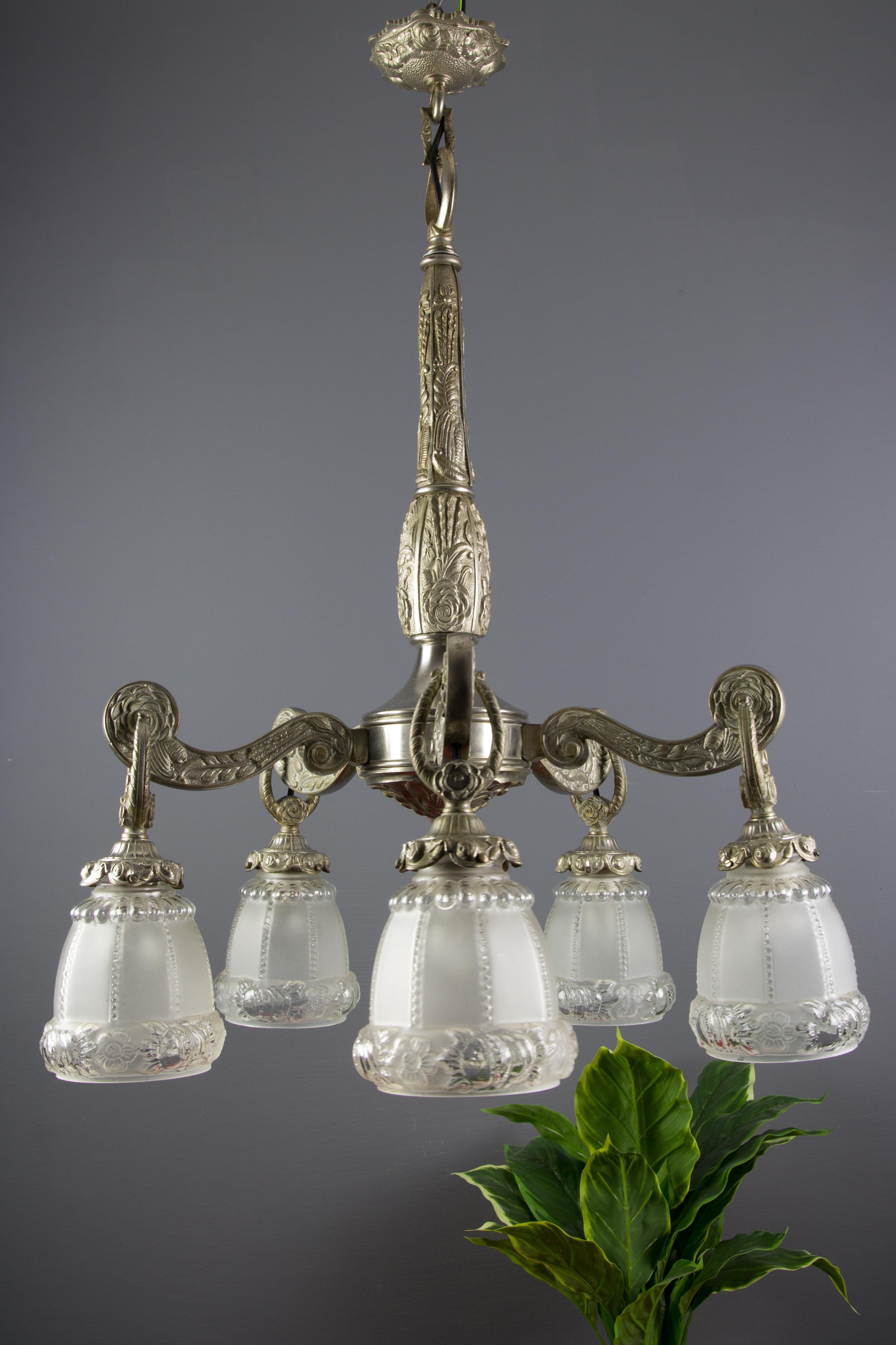 French Art Deco Style Five-Light Bronze and Frosted Glass Floral Chandelier For Sale 9