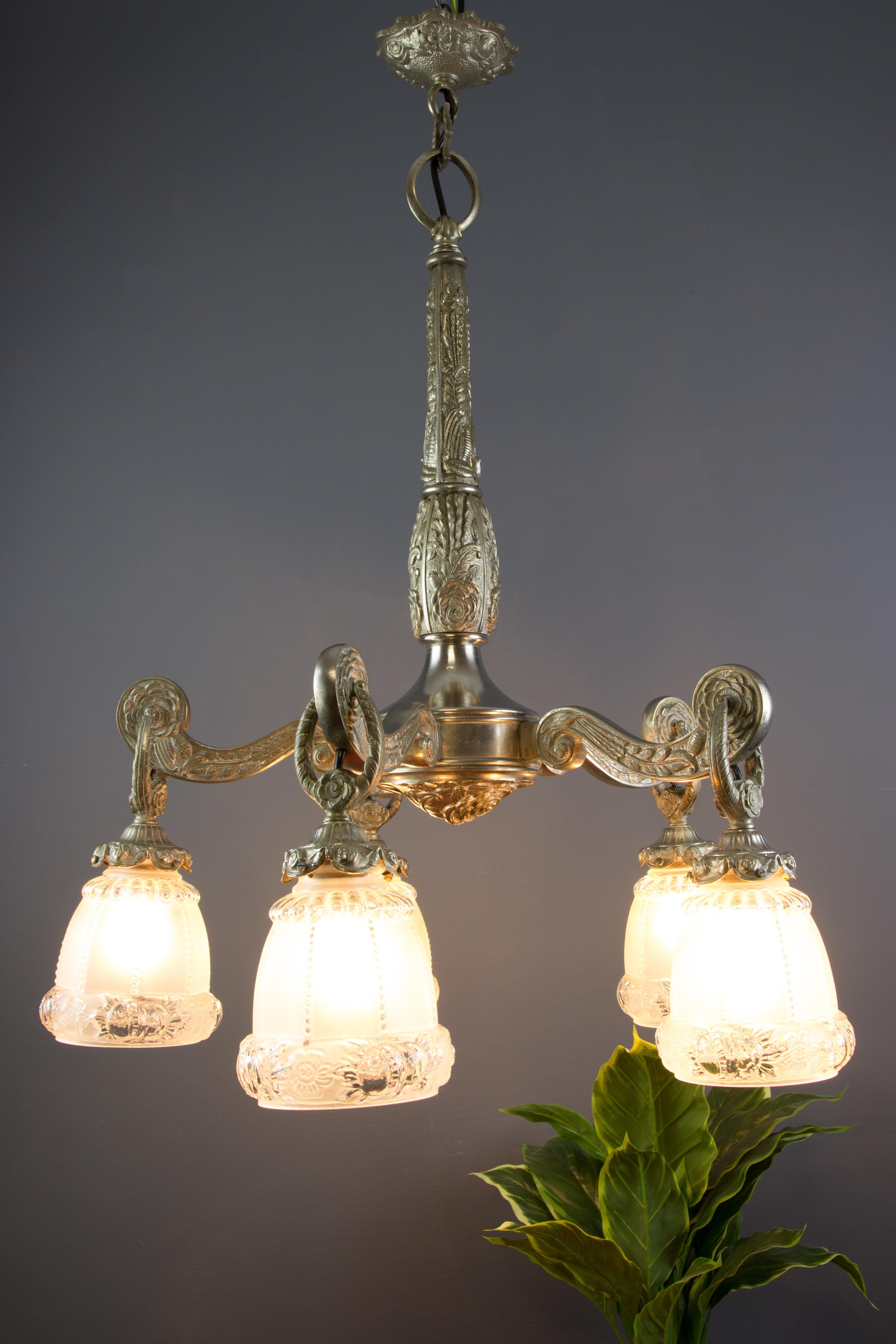 French Art Deco Style Five-Light Bronze and Frosted Glass Floral Chandelier For Sale 10