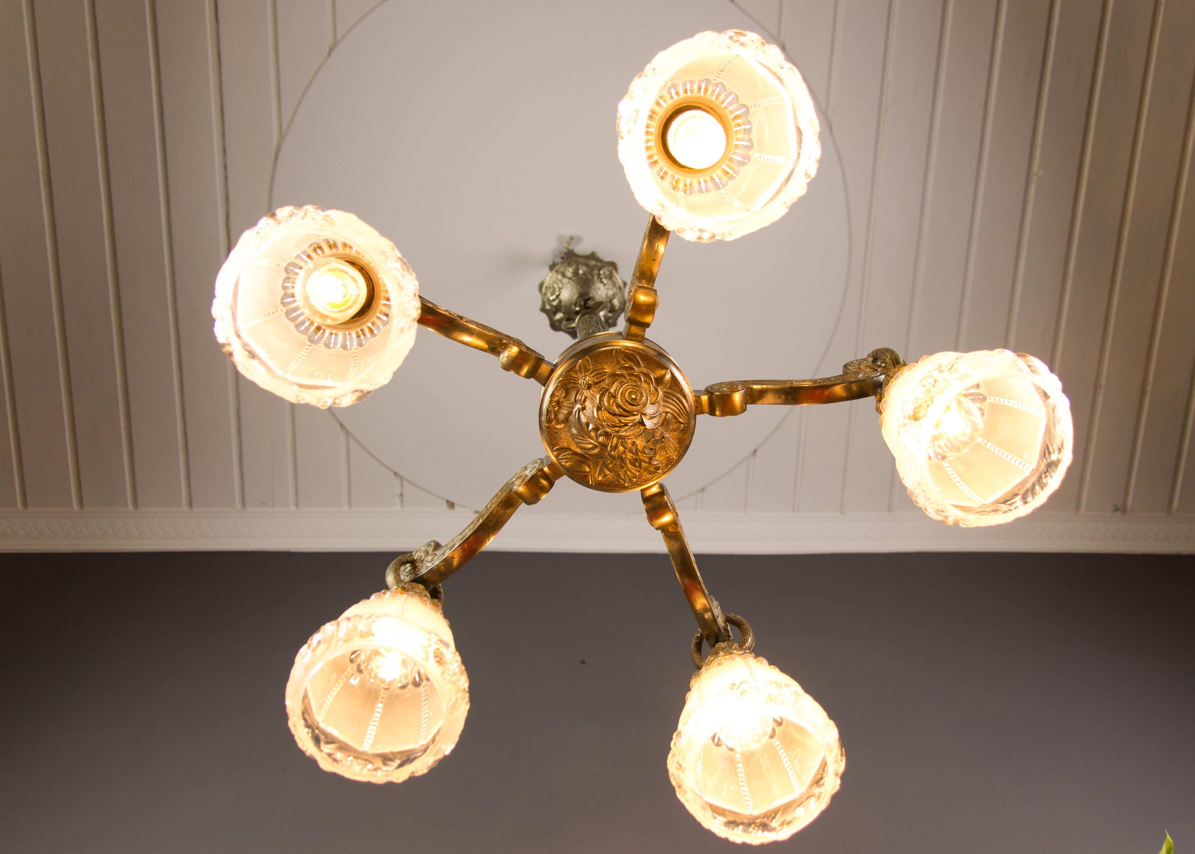 French Art Deco Style Five-Light Bronze and Frosted Glass Floral Chandelier For Sale 11