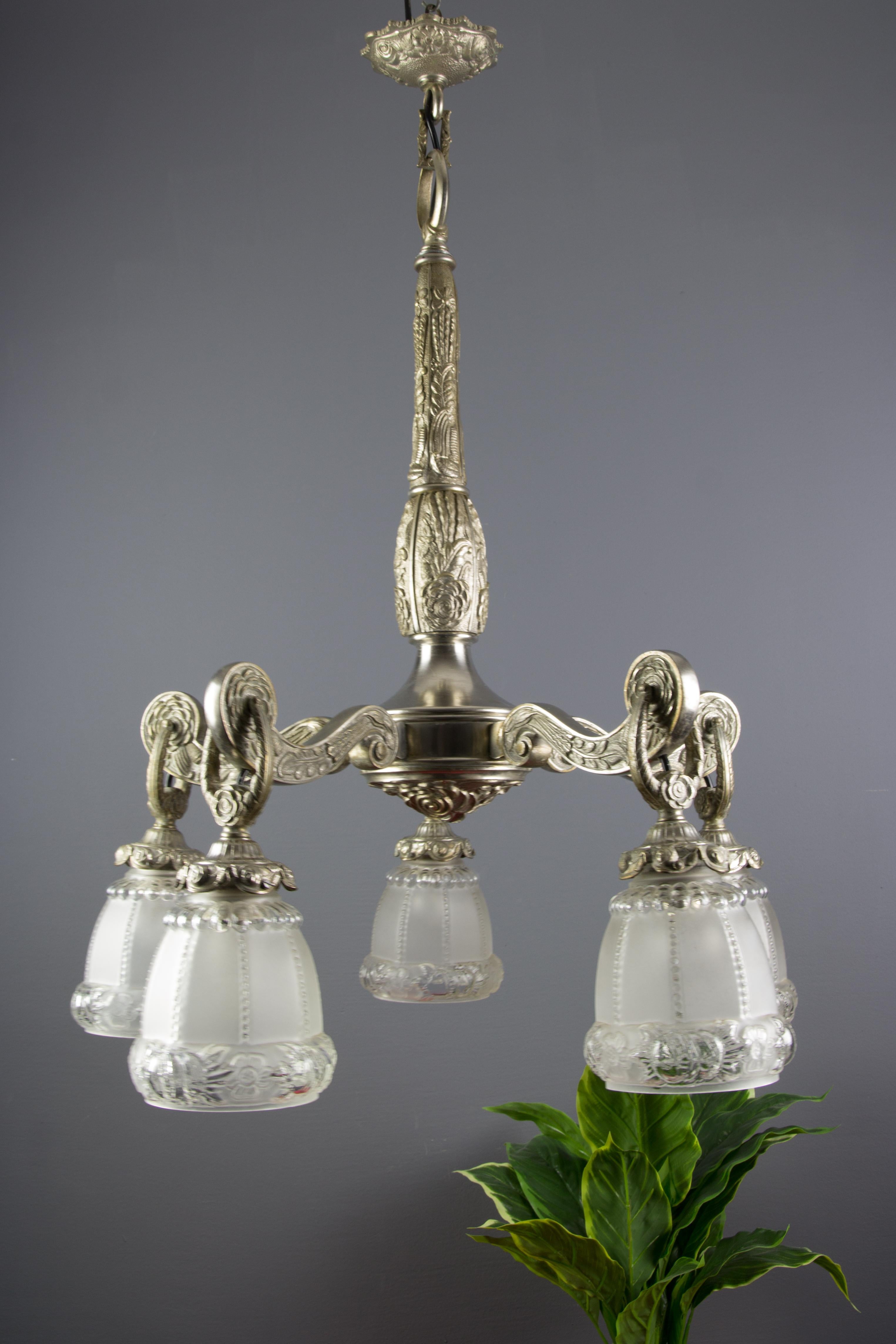French Art Deco Style Five-Light Bronze and Frosted Glass Floral Chandelier For Sale 5