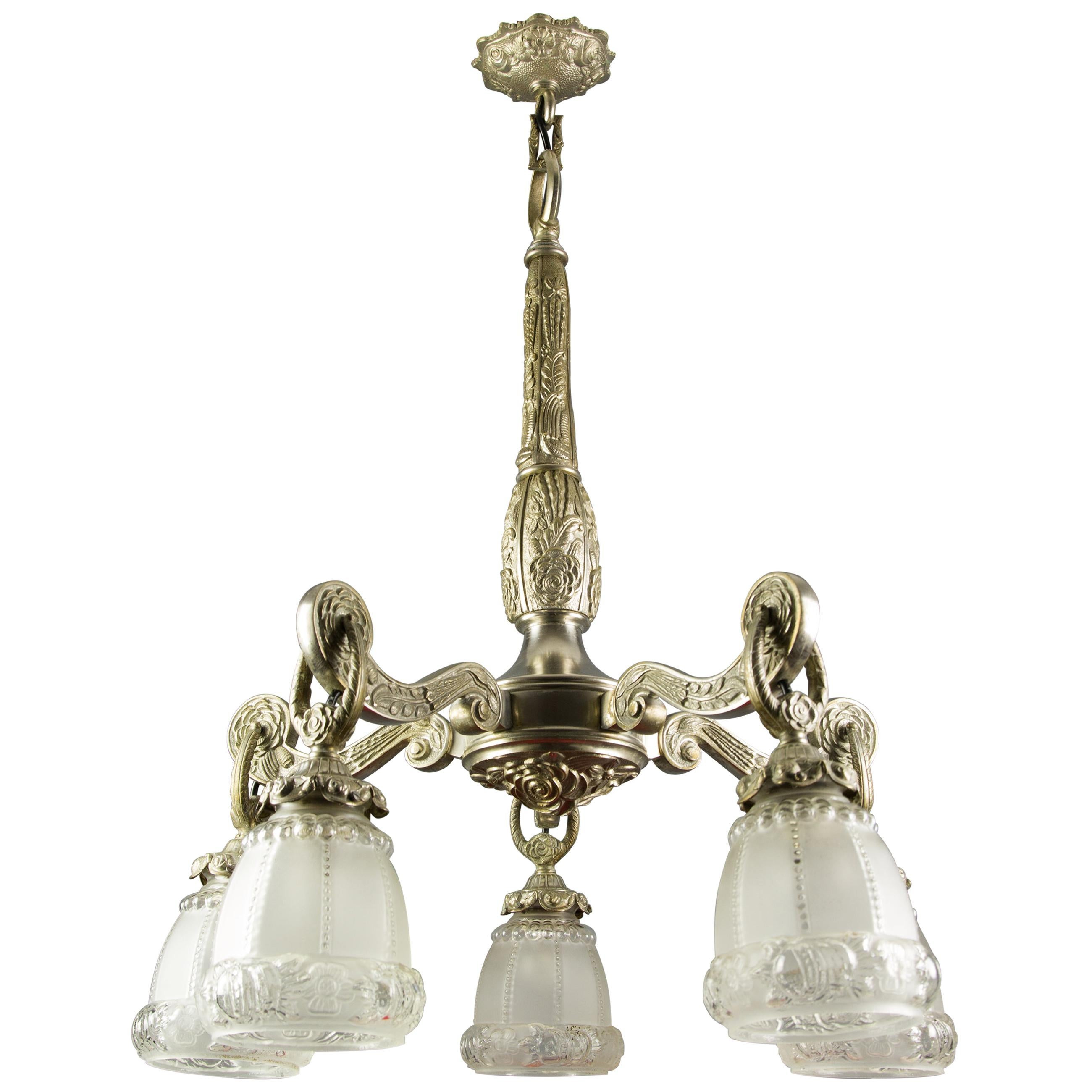 French Art Deco Style Five-Light Bronze and Frosted Glass Floral Chandelier For Sale