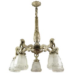 French Art Deco Style Five-Light Bronze and Frosted Glass Floral Chandelier