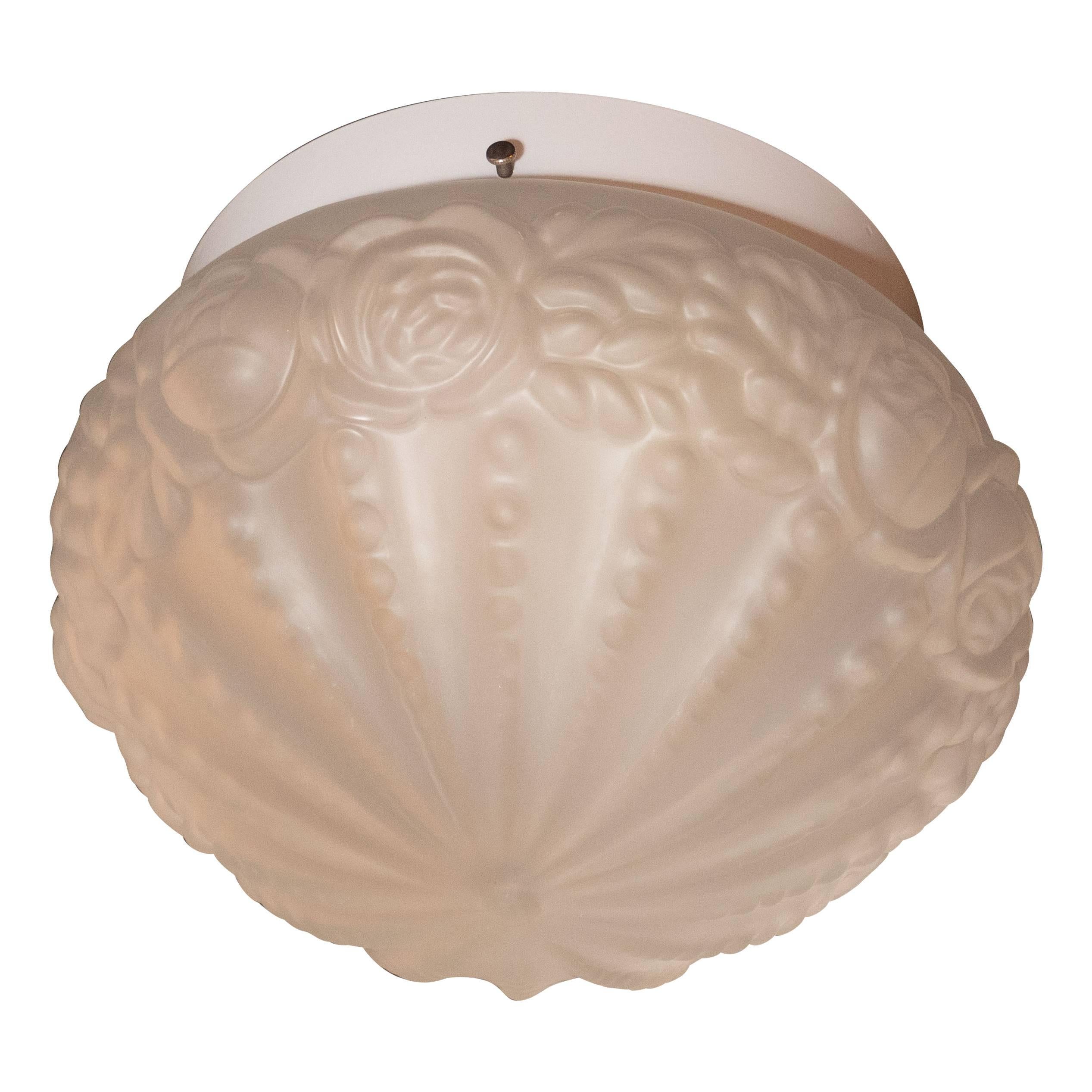 French Art Deco Style Floral Flush Mount in Rose Gold Molded Glass