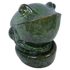 French Art Deco Style Glazed Ceramic Frog Sculpture, Green Animal Sculpture