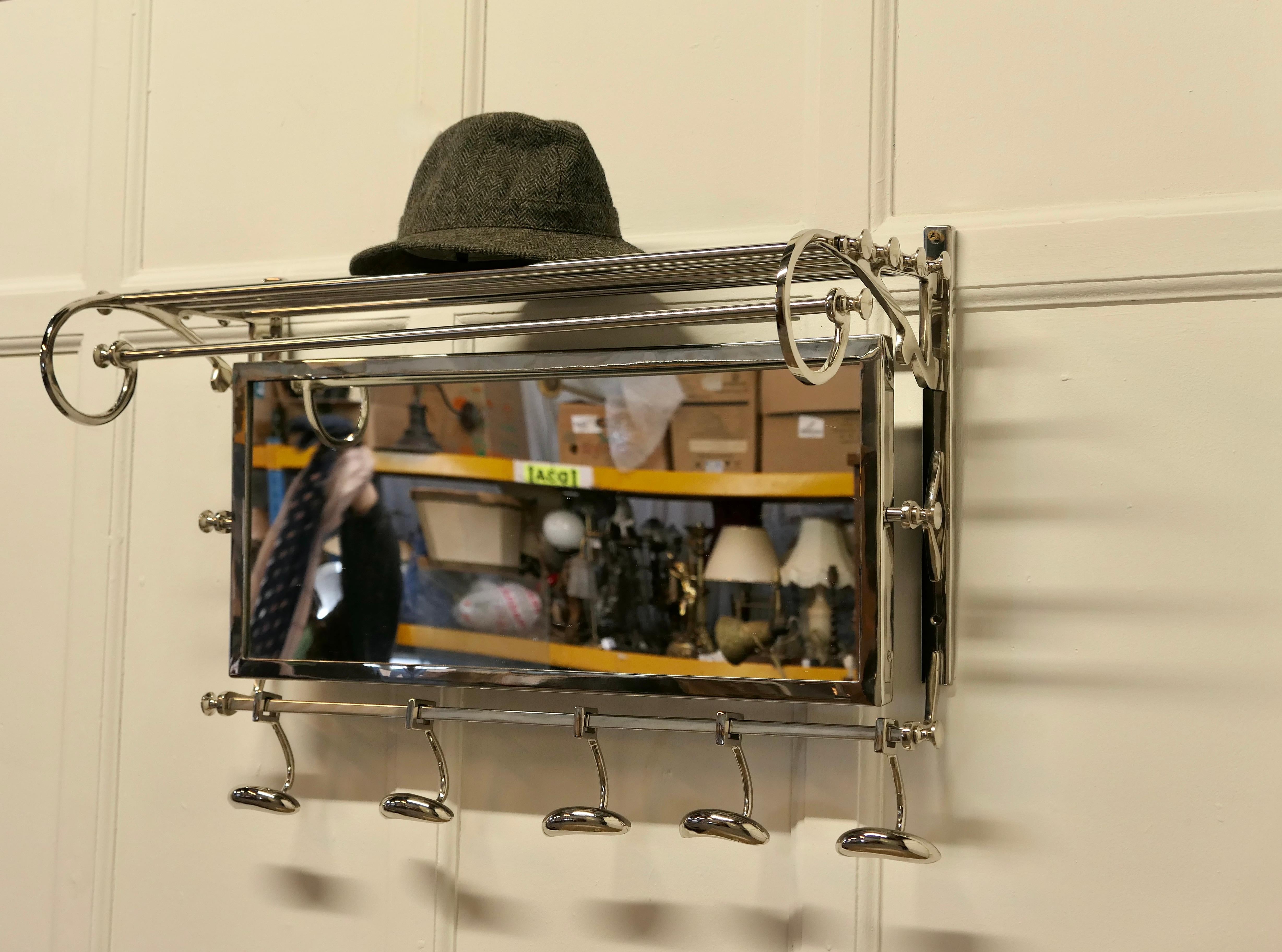Chrome French Art Deco Style Hat and Coat Rack with Mirror, Pullman Railway Train Style