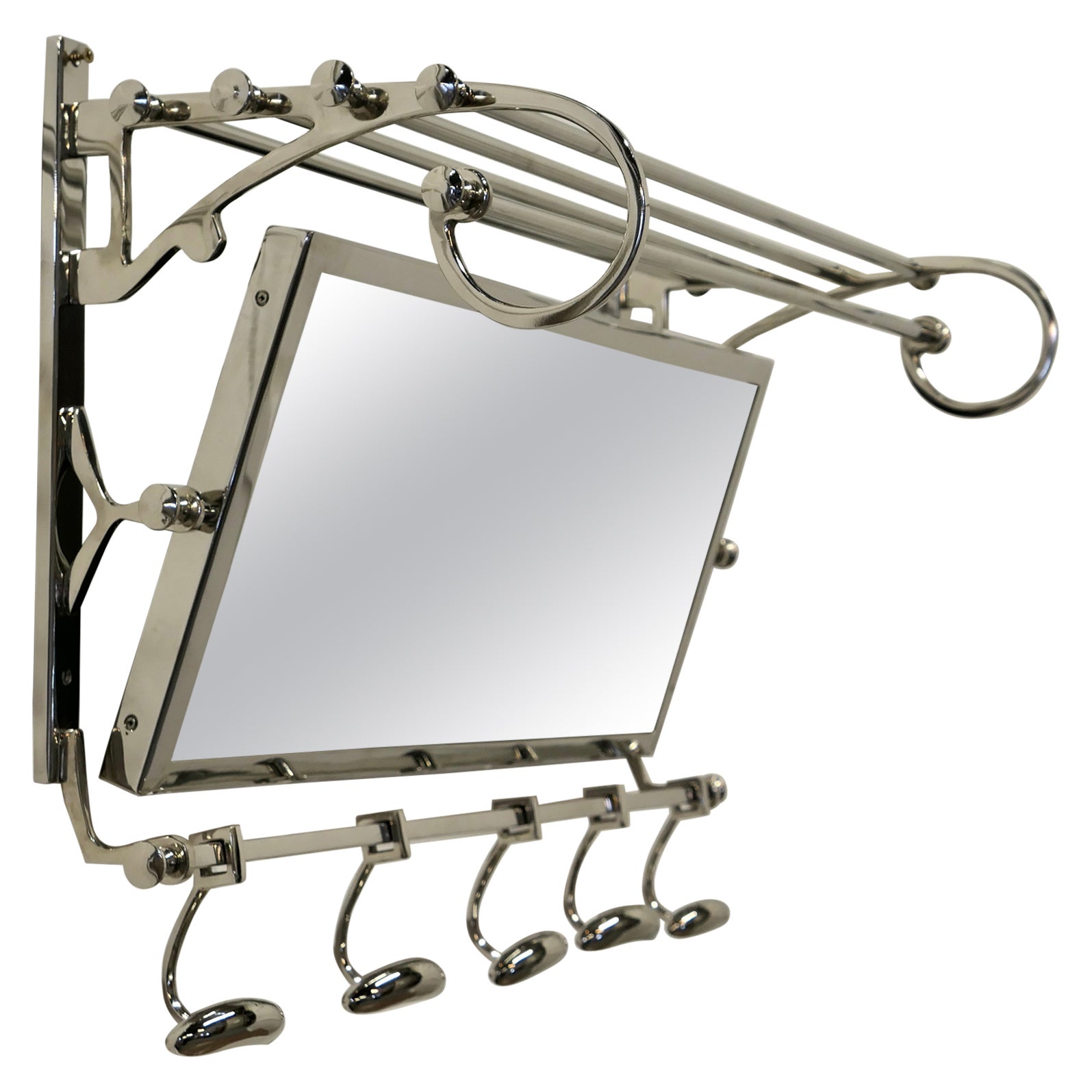 French Art Deco Style Hat and Coat Rack with Mirror, Pullman Railway Train Style