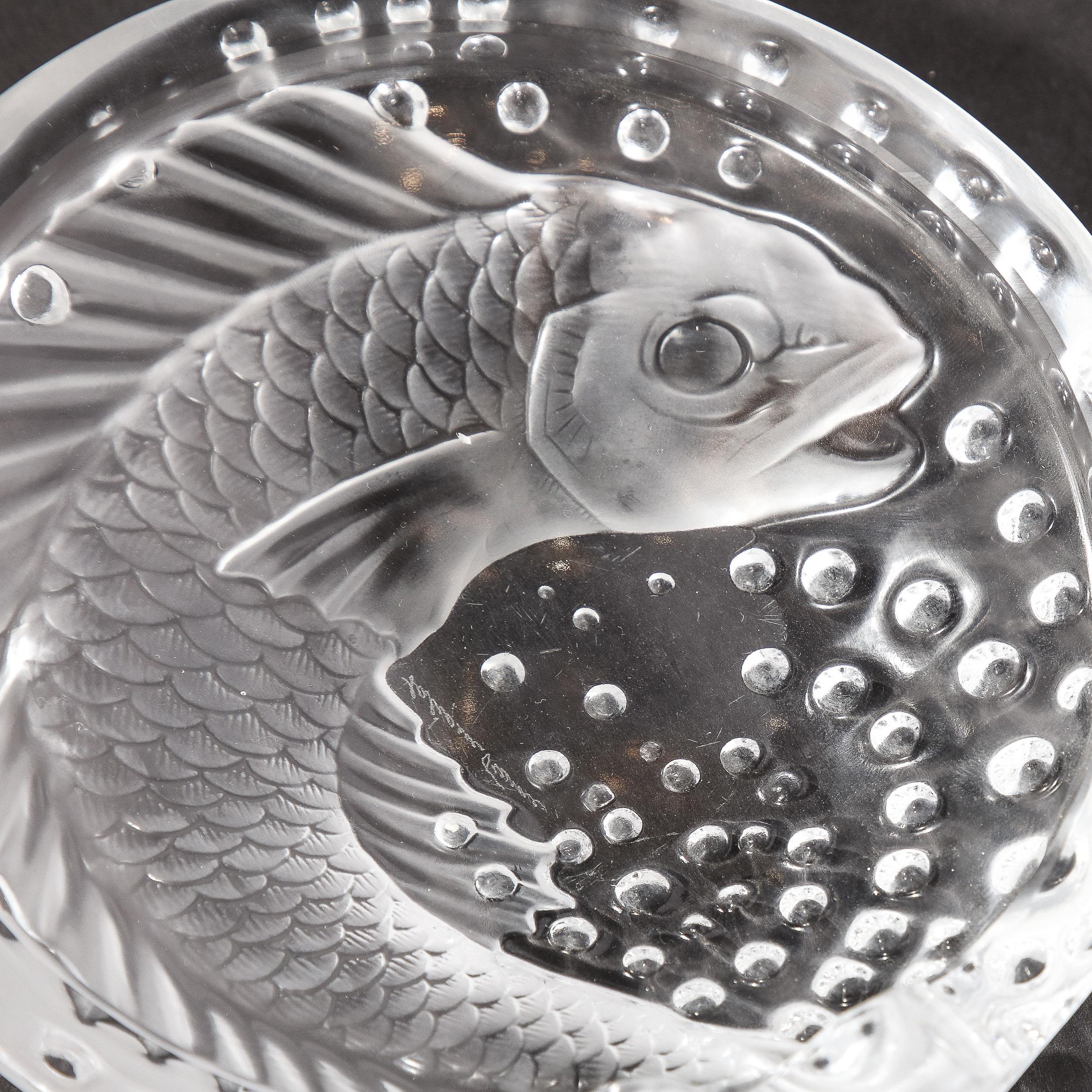 French Art Deco Style Koi Dish in Pressed Frosted & Clear Glass Signed Lalique  For Sale 3