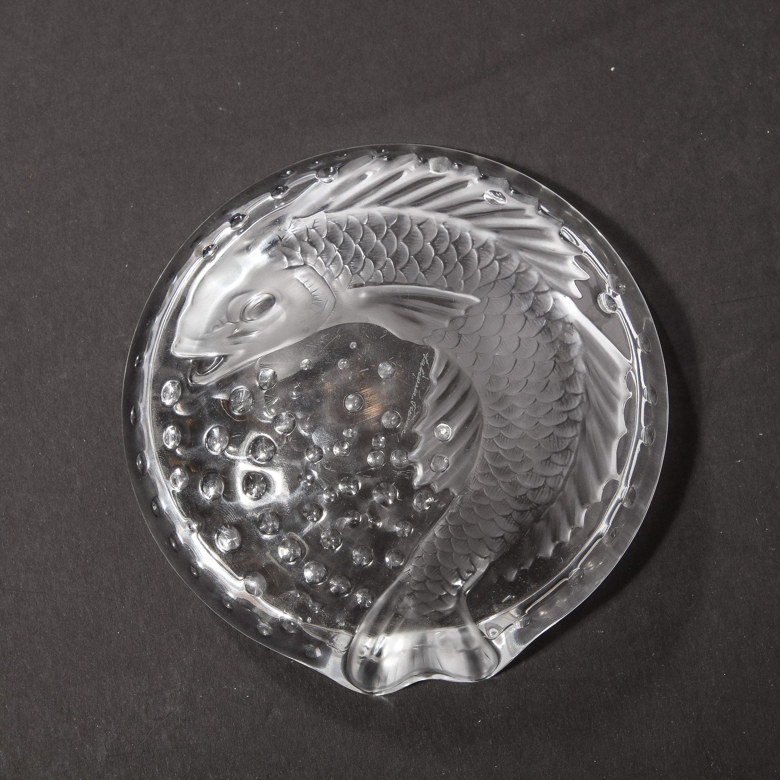French Art Deco Style Koi Dish in Pressed Frosted & Clear Glass Signed Lalique  For Sale 4