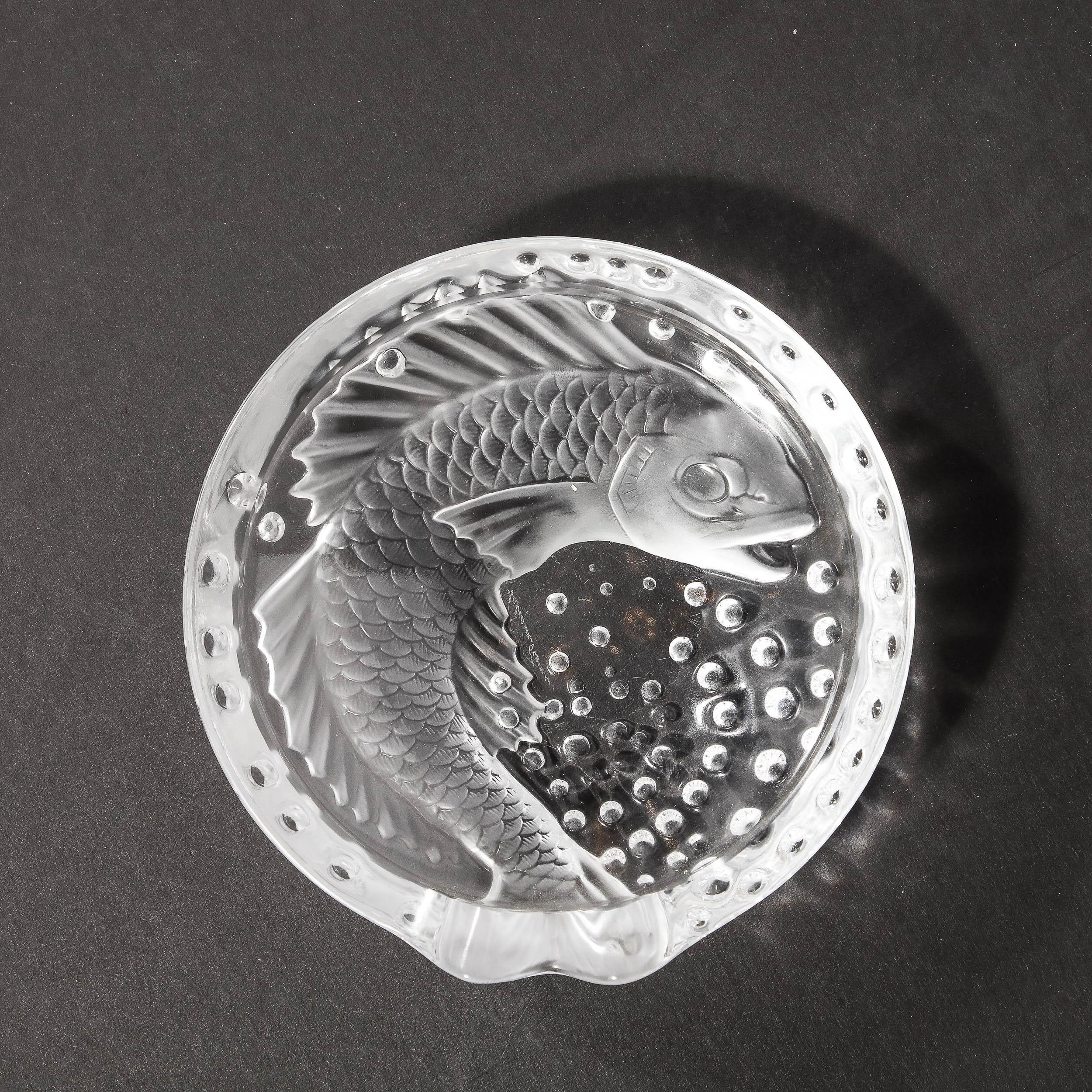 French Art Deco Style Koi Dish in Pressed Frosted & Clear Glass Signed Lalique  For Sale 5