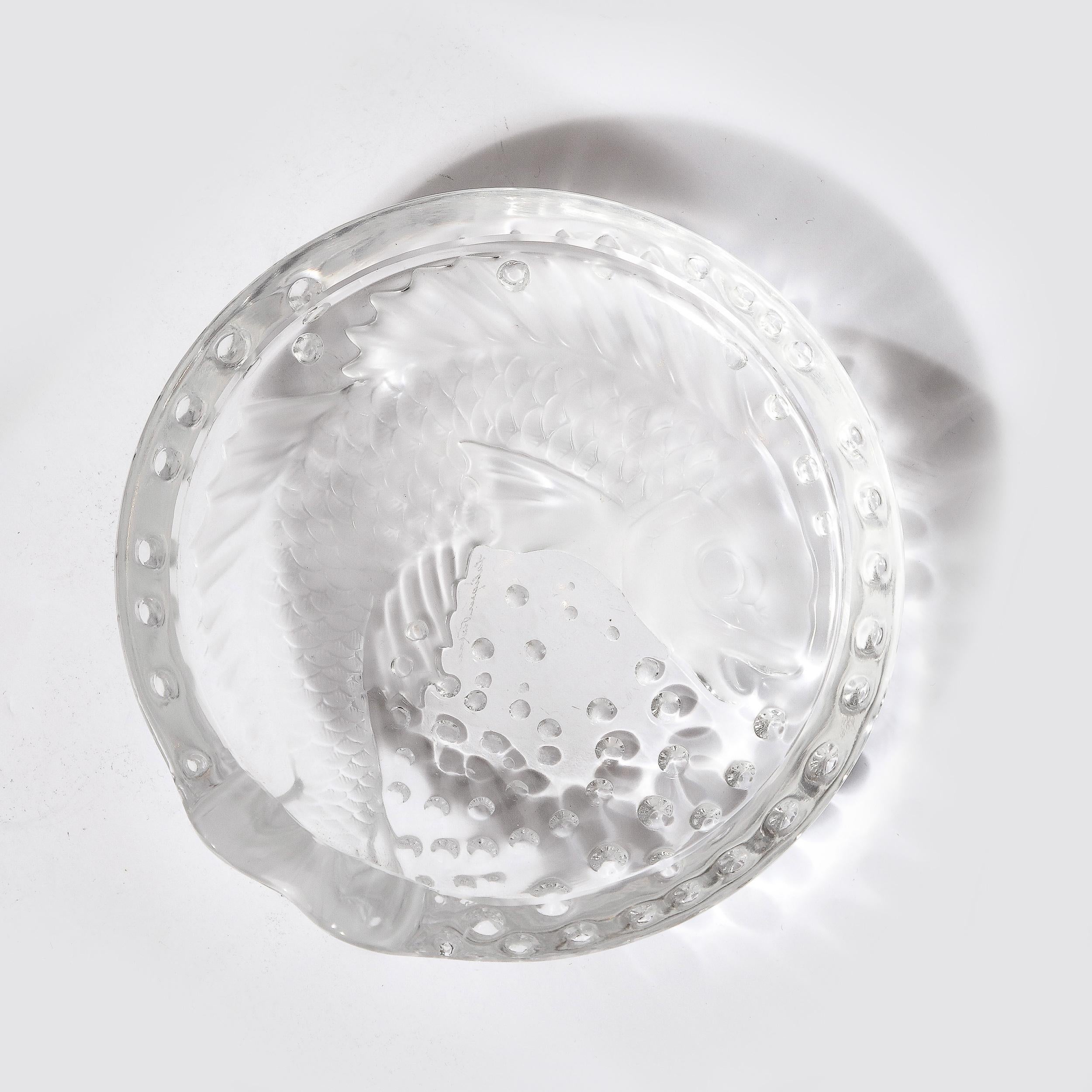 French Art Deco Style Koi Dish in Pressed Frosted & Clear Glass Signed Lalique  For Sale 7