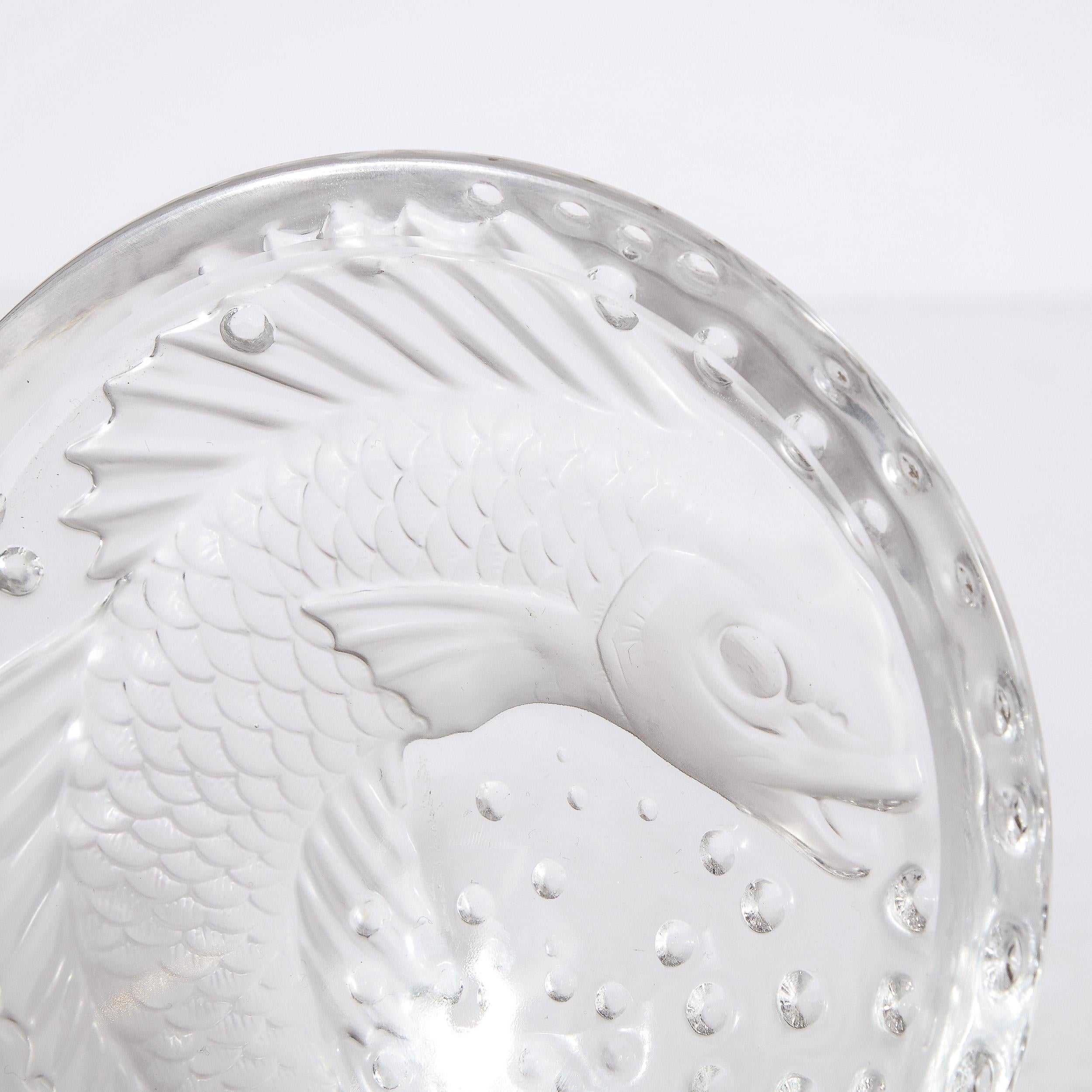Mid-Century Modern French Art Deco Style Koi Dish in Pressed Frosted & Clear Glass Signed Lalique  For Sale