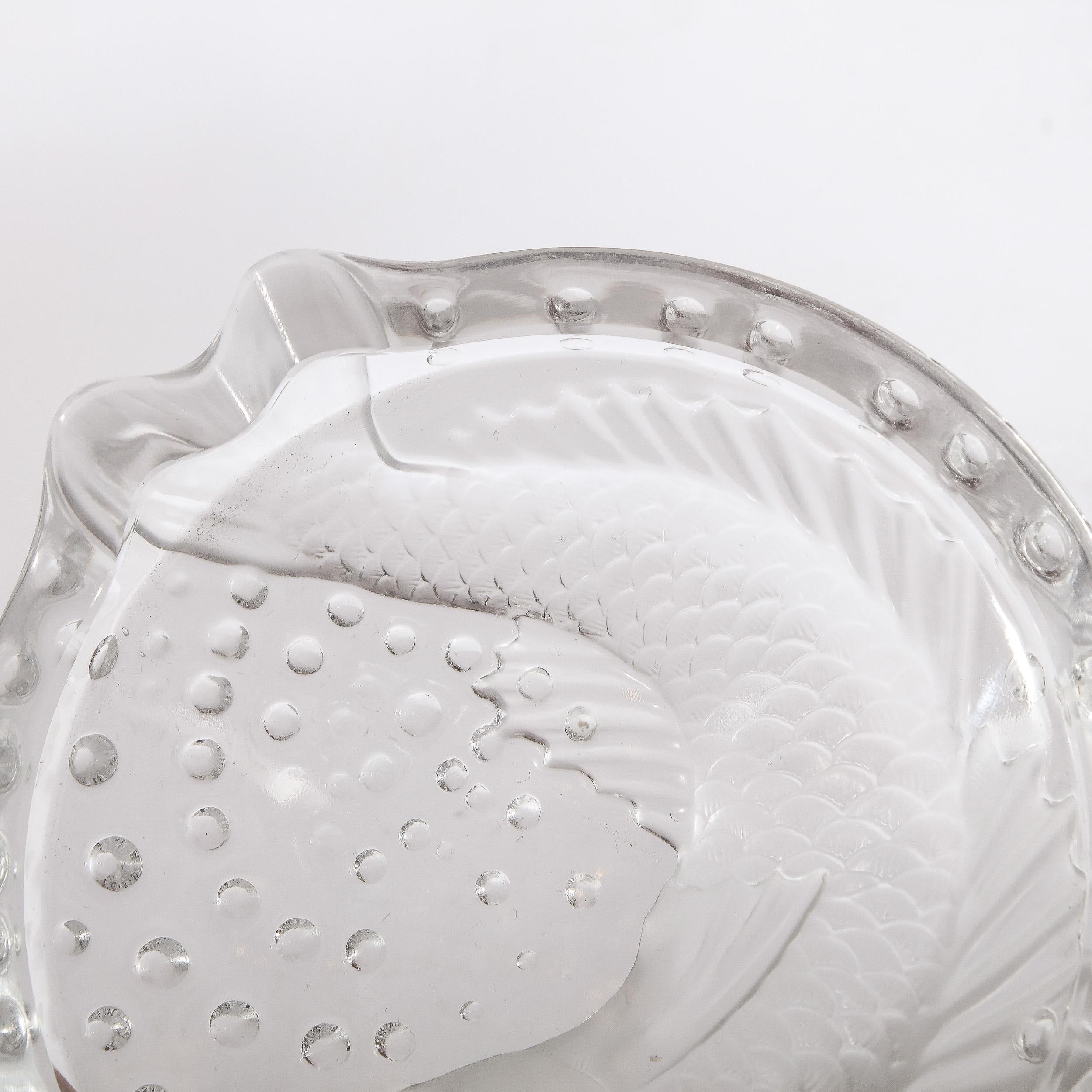 20th Century French Art Deco Style Koi Dish in Pressed Frosted & Clear Glass Signed Lalique  For Sale