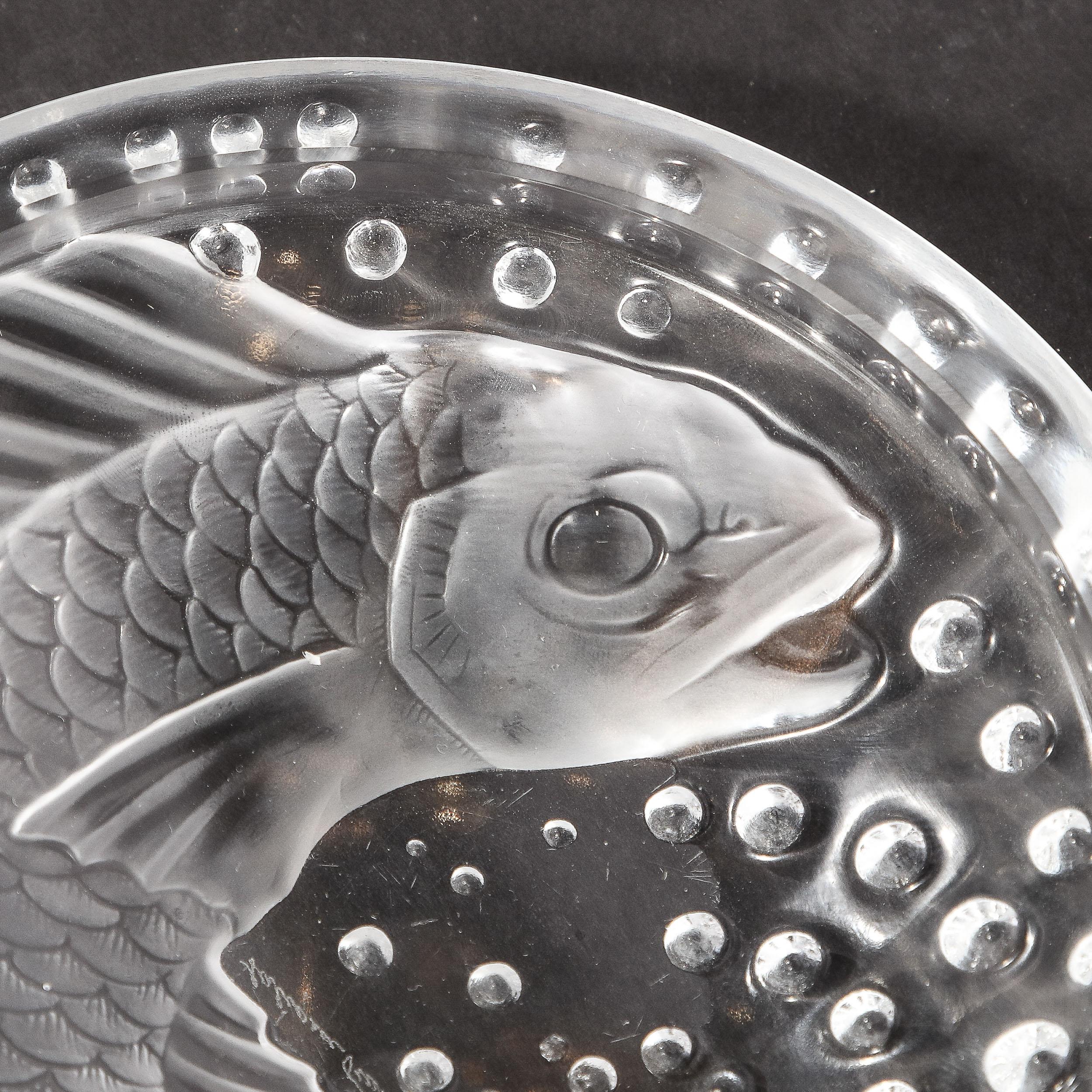 French Art Deco Style Koi Dish in Pressed Frosted & Clear Glass Signed Lalique  For Sale 2