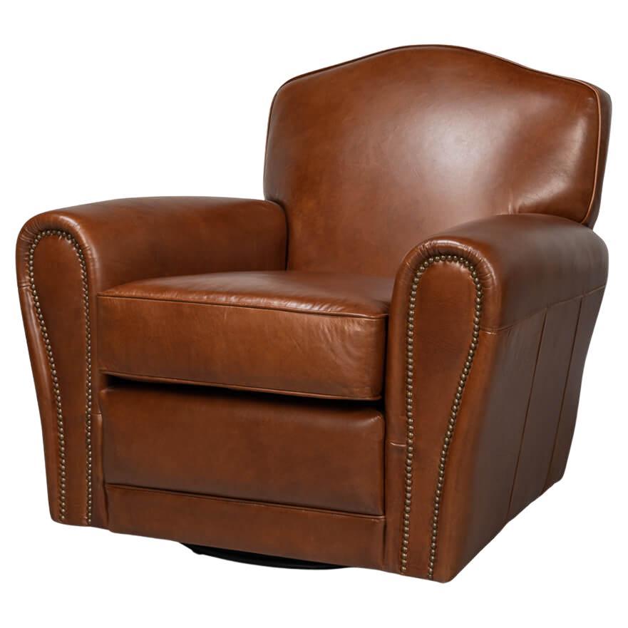 French Art Deco Style Leather Club Chair For Sale