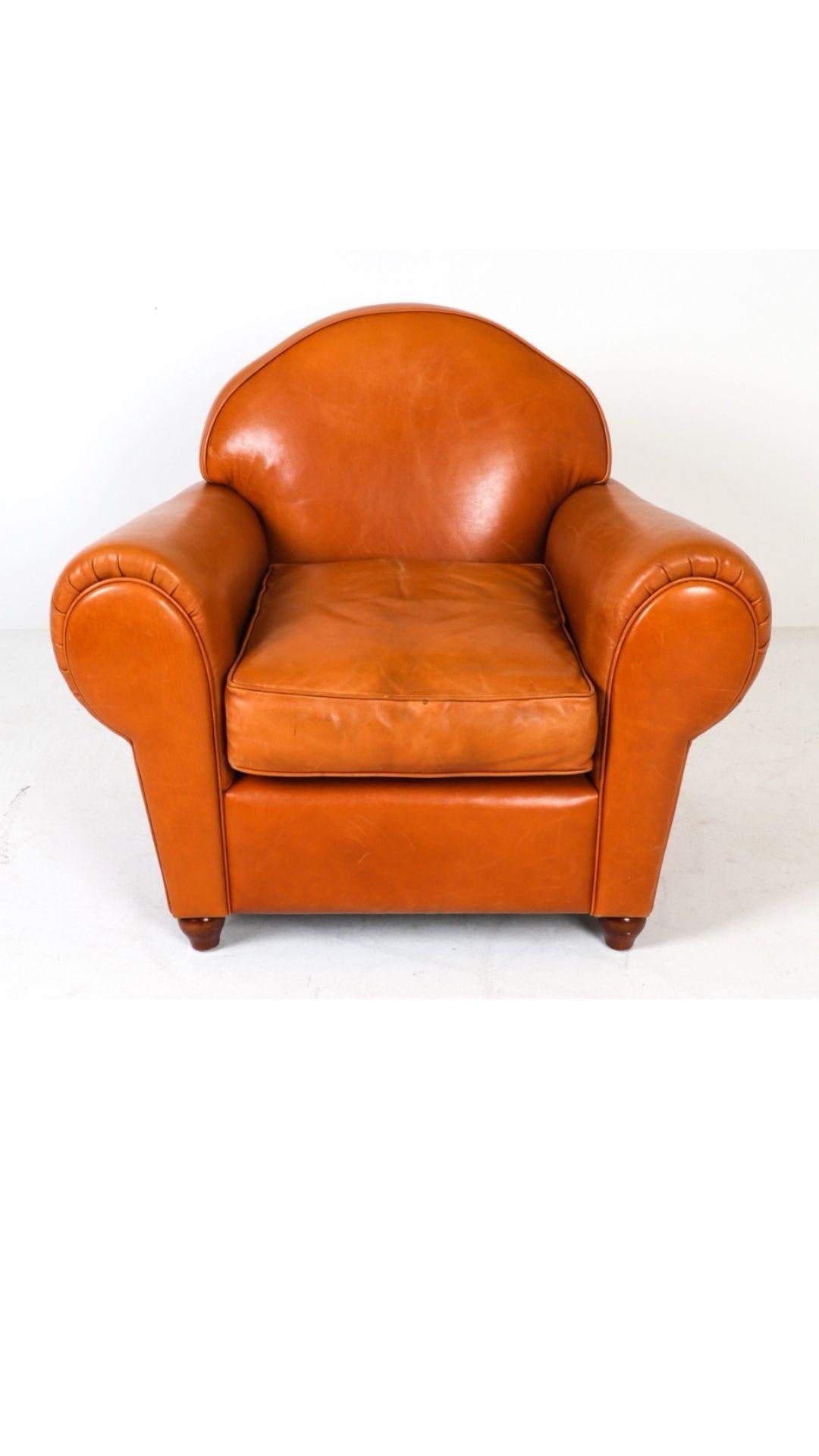 French Art Deco Style Leather Club Chair Tan Leather Armchair Art Deco In Good Condition For Sale In Rochester, NY