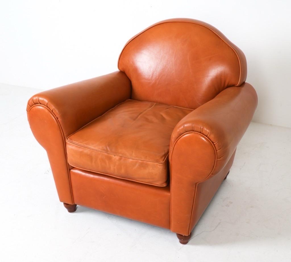 French Art Deco Style Leather Club Chair Tan Leather Armchair Art Deco For Sale 5