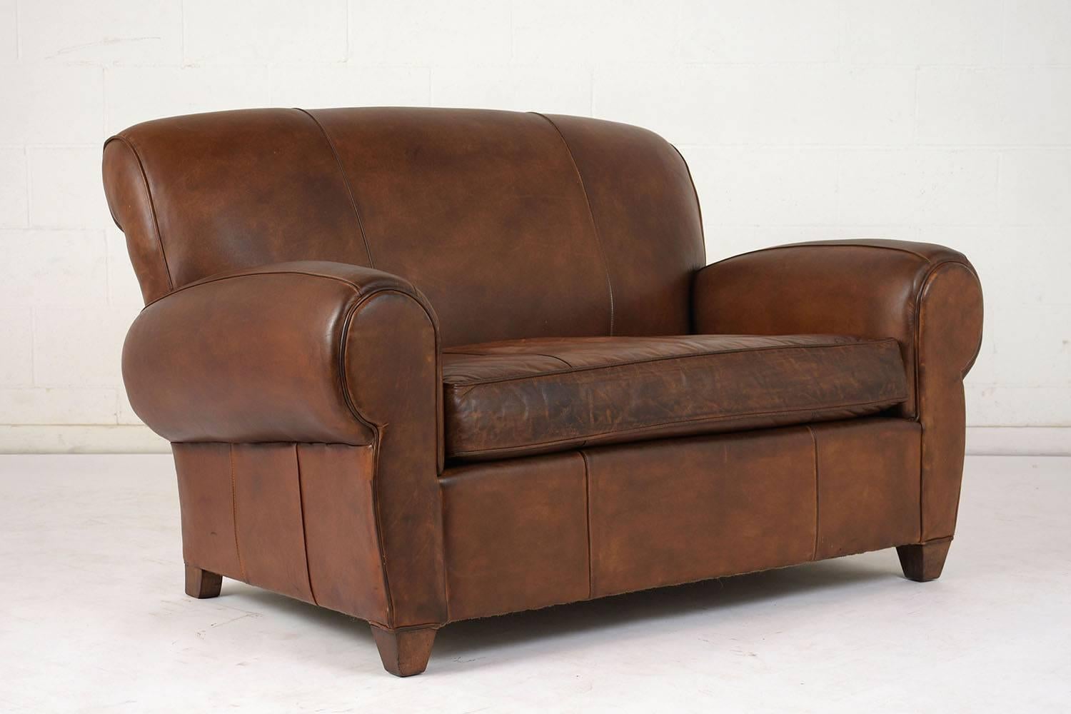 French Art Deco-Style Leather Loveseat In Excellent Condition In Los Angeles, CA